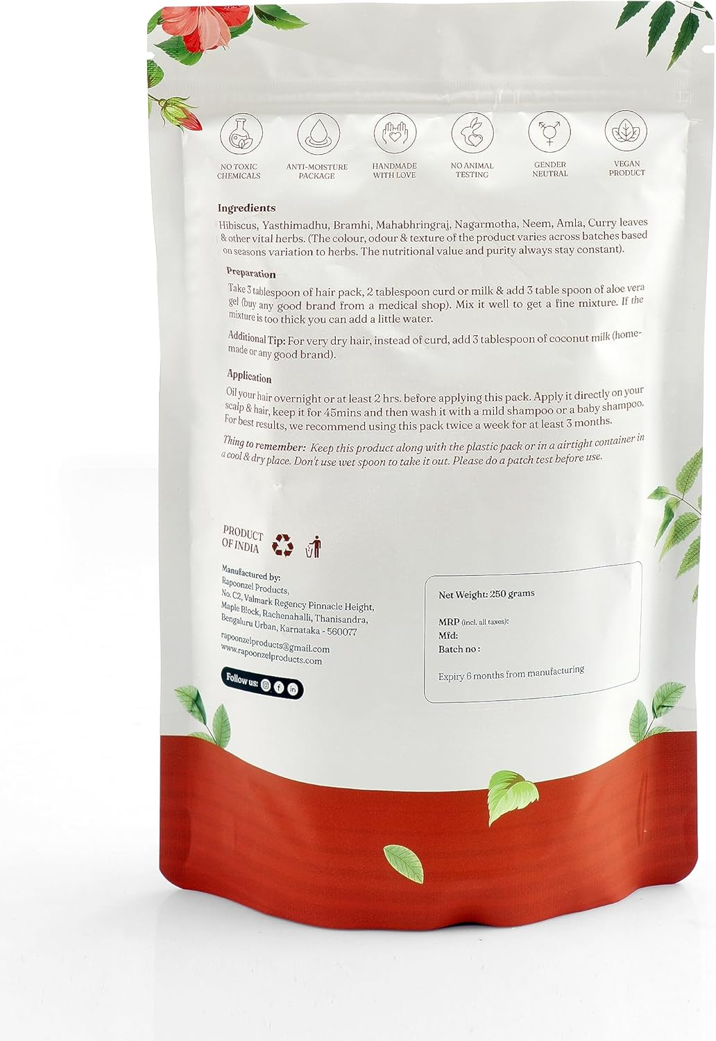 Homemade Organic Deep Conditioning Hair Mask - 90G, Herbal Solution for Dry & Frizzy Damaged Hair with Mixture of Vital Herbs Hibiscus, Mahabringaraj, Curry Leaves, Neem, Amla from Rapoonzel Herbals