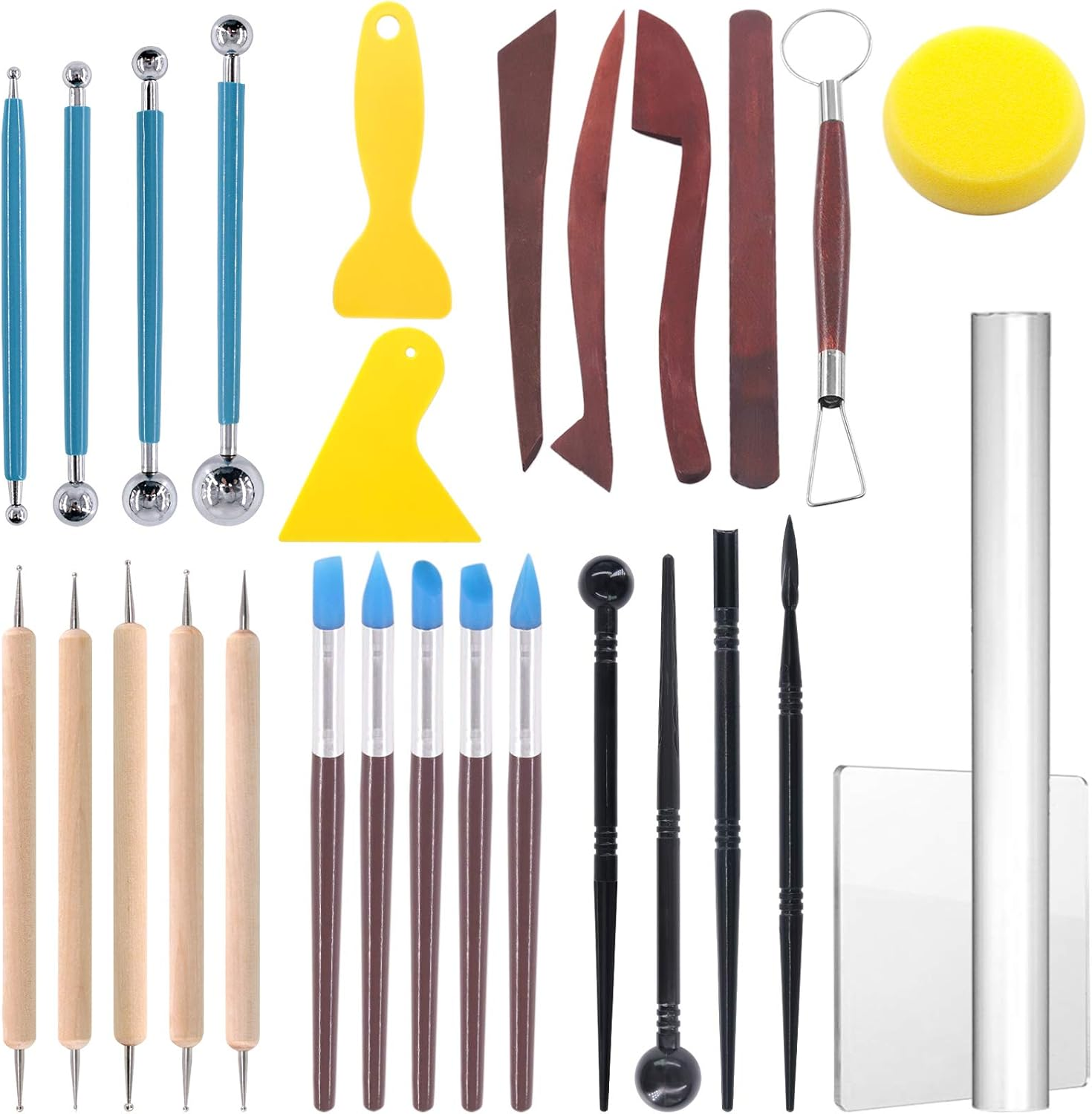 Glarks 28Pcs Carving Modeling Clay Sculpting Tools Set Including Plastic Modeling Tools, Dual-End Dotting Clay Tools, Ball Stylus, Silicone Tip Pens and Sculpture Knives for Embossing Art, Coloring image number 4