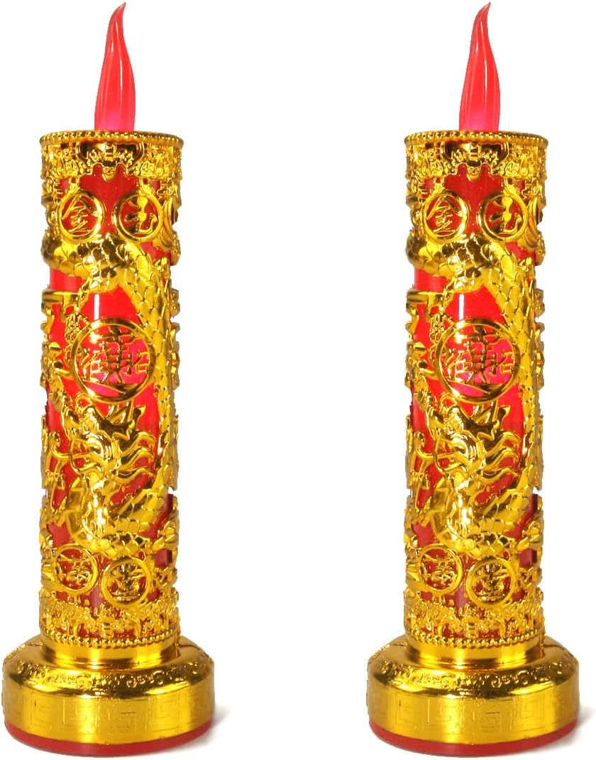 BOROLA 2Pcs Chinese Buddhist Flameless LED Candle Lamp - Traditional Red Lantern Design, Retro Light for Meditation, Altar & Feng Shui D&eacute;cor image number 4