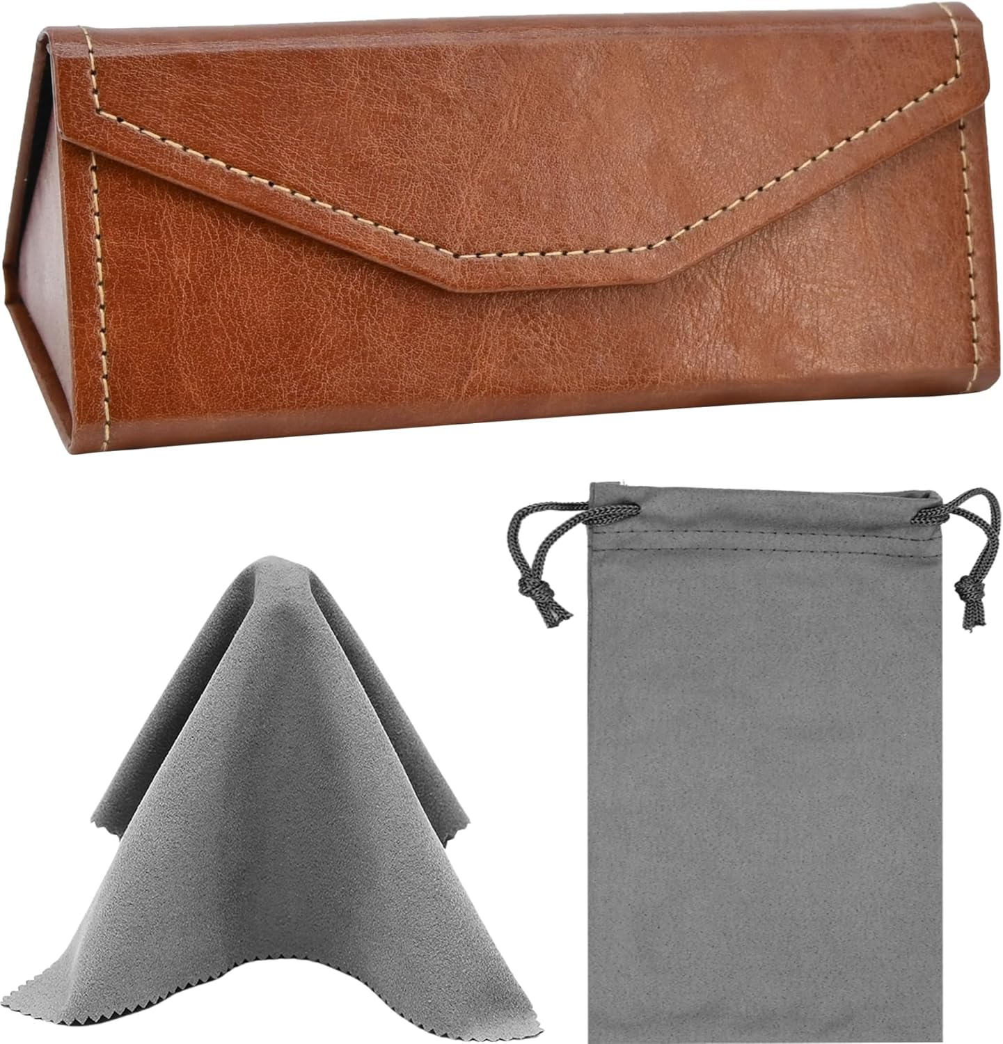 Foldable Eyeglass Case with Cleaning Cloth & Pouch - Magnetic PU Leather Glasses Case - Portable & Lightweight Sunglasses Storage Triangular Fold Reading Glasses Eyewear Protector Box for Men & Women