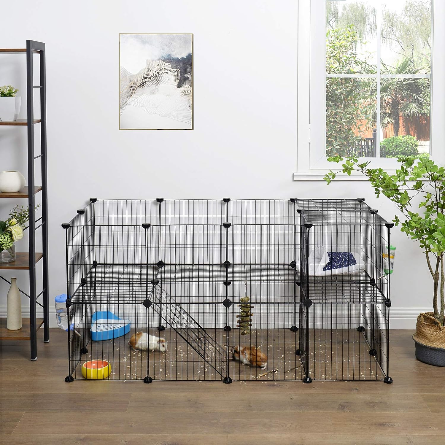 SONGMICS 2-Floor Metal Pet Playpen, 36 Grid Panels, Customisable Cage Enclosure for Small Animals, Guinea Pigs Hamster Runs, Rabbit Hutches, Includes Mallet, Indoor Use, 143 X 73 X 71 Cm, Black LPI02H image number 2