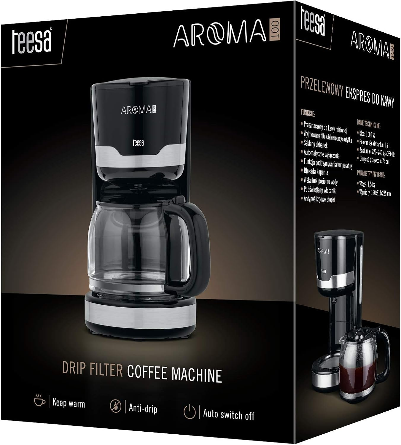 Teesa TSA4006 Filter Coffee Machine with Glass Jug AROMA 100 Black