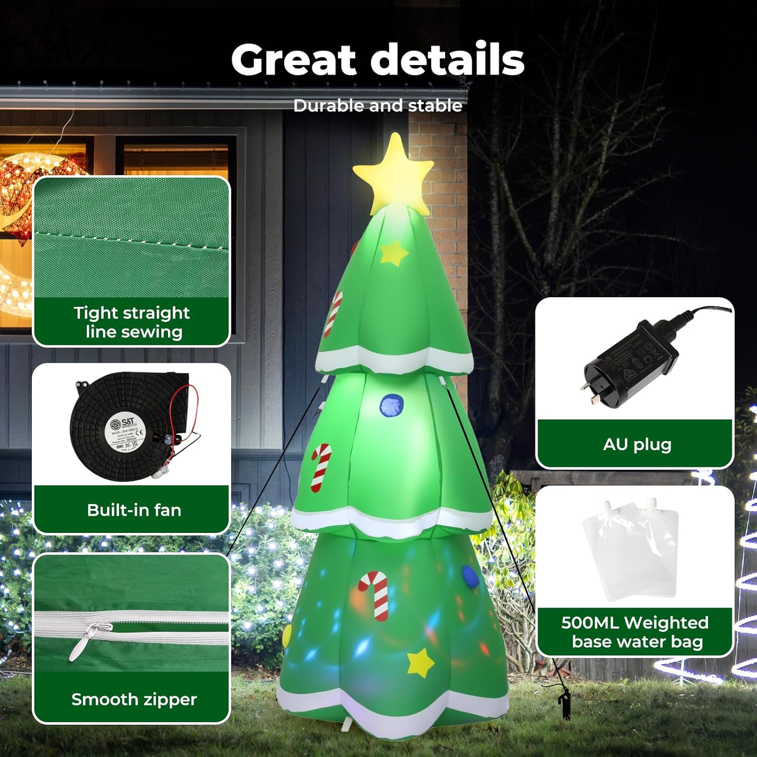 Santaco Christmas Inflatable Xmas Blow up Tree Decoration Built-In Fan, 7-Color Flashing LED Lights & Music,Lighted Star Treetop,For Holiday Party Gifts, Yard, Backyard, Home Garden Decor, 150CM