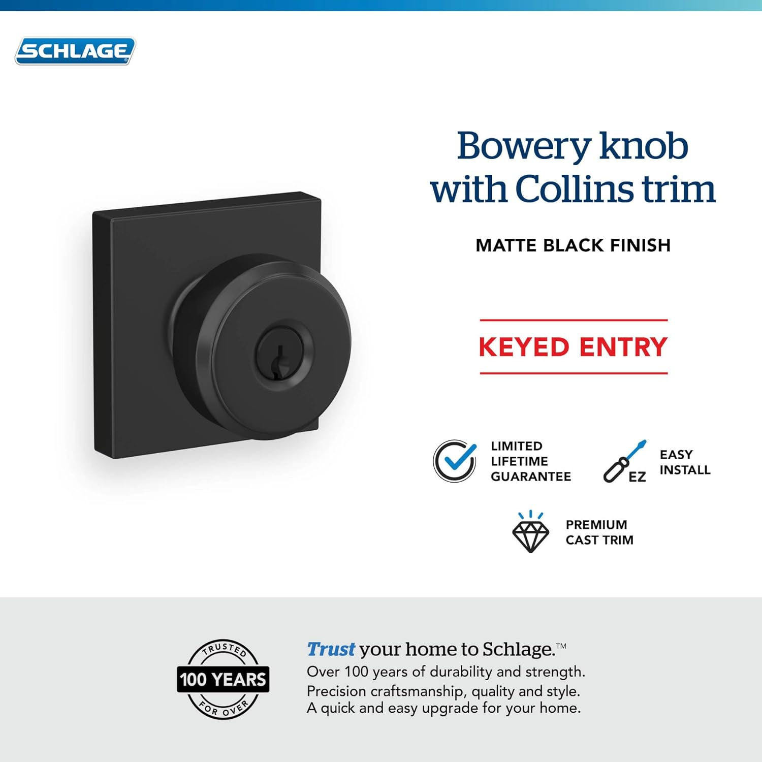 Schlage F51A BWE 622 COL Bowery Door Knob with Collins Trim, Keyed Entry Lock, Matte Black image number 4