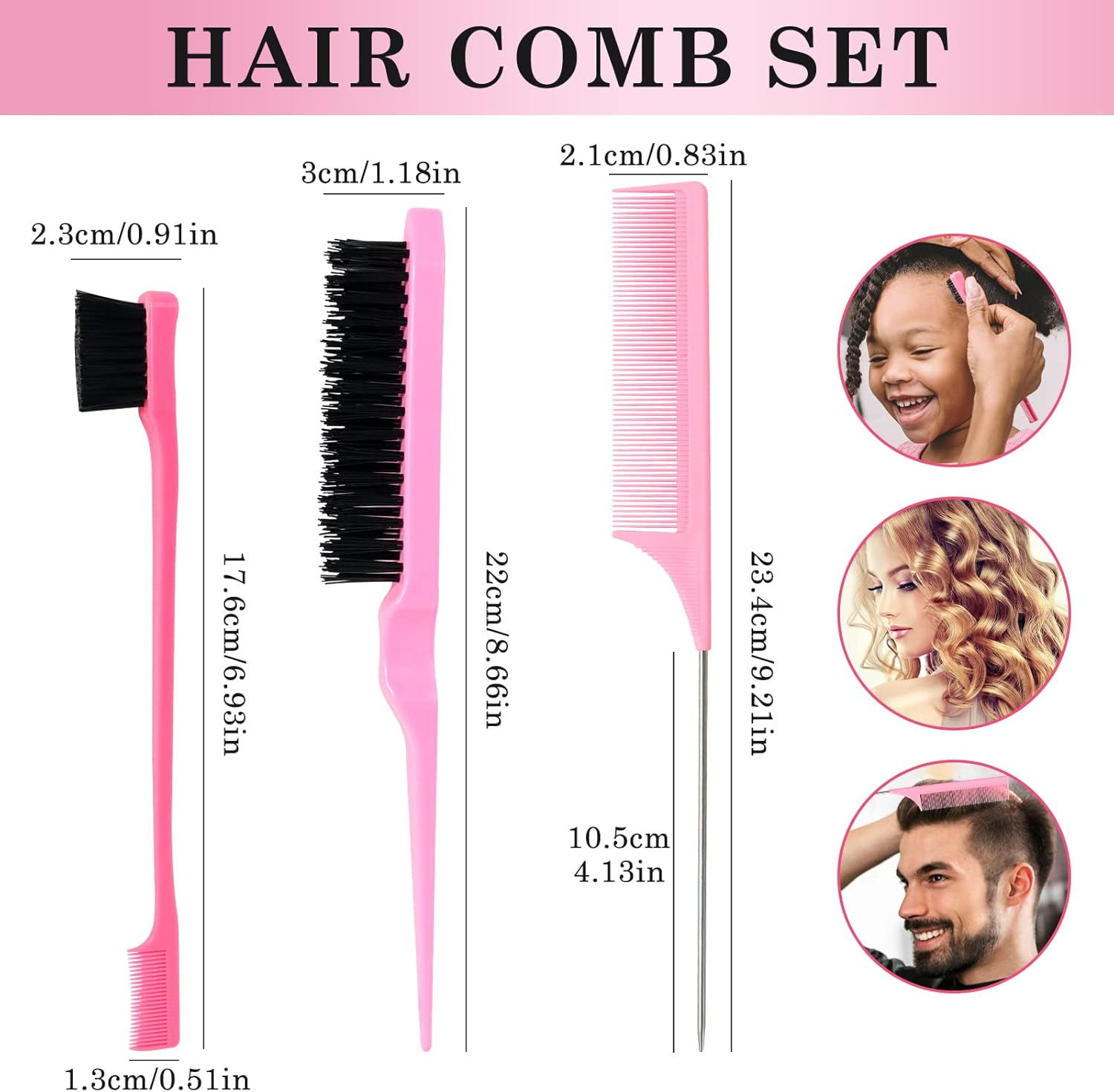 Sularpek 3 Pieces Slick Brush Set Bristle Hair Brush, Teasing Brush Edge Brush, Rat Tail Comb, for Edge & Back Brushing, Combing Slicking Hair for Women Girls (Pink)