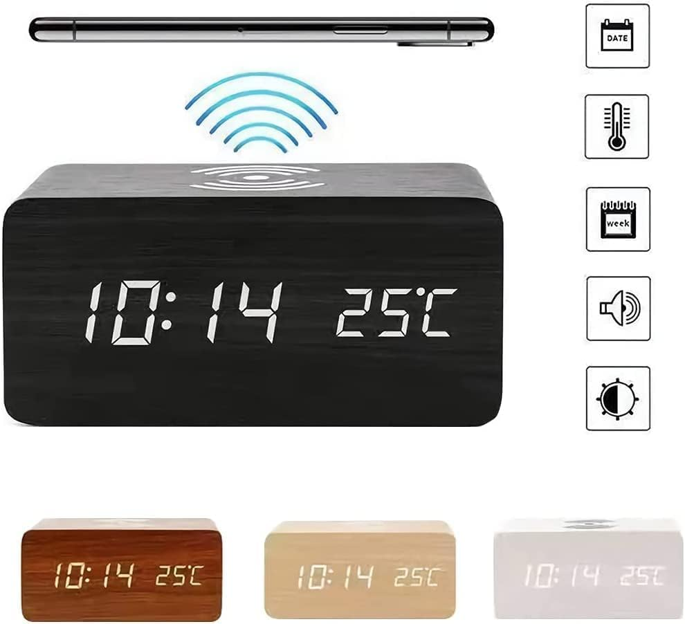 Wooden Digital Alarm Clock with Wireless Charging, 3 Alarms LED Display, Sound Control and Snooze Dual，Adjustable Brightness, Time Temperature (Black) image number 1