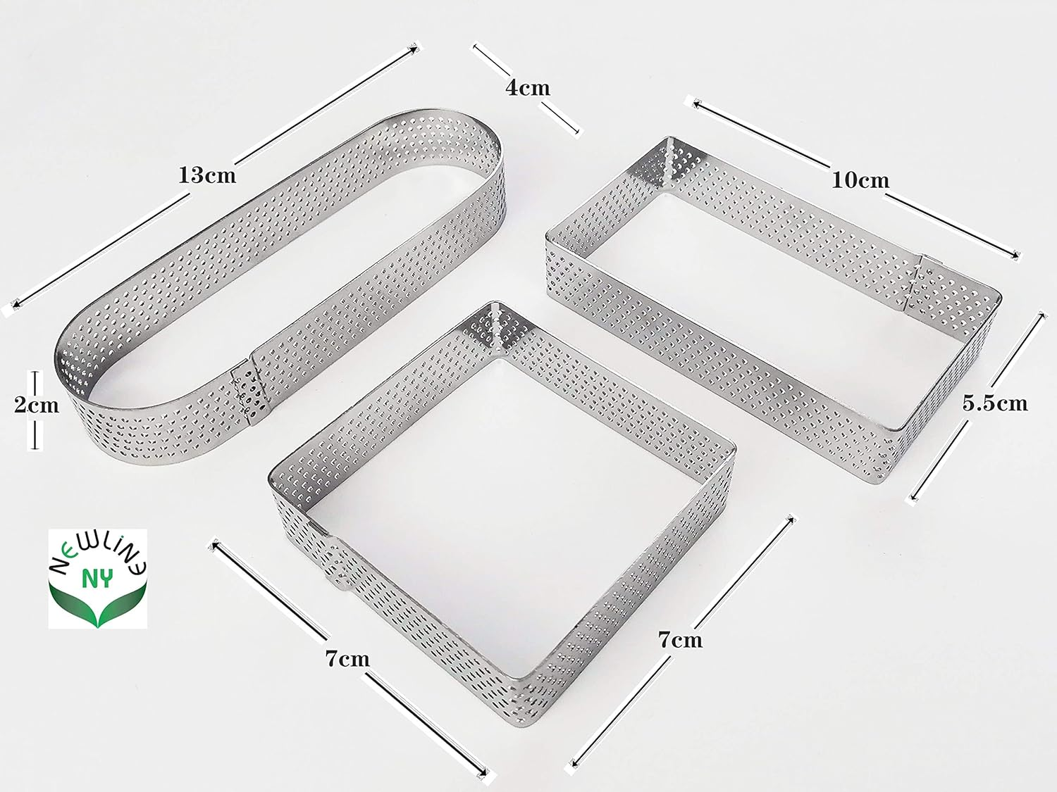 Product Image Newlineny Stainless Steel 6 Pcs Perforated Oval, Rectangular, Square Tart Rings Molding Plating: 2 of Each (5" X 1.5") + (4" X 1.5") + (2.8" Square) X (0.8" H) Sizes image number 5