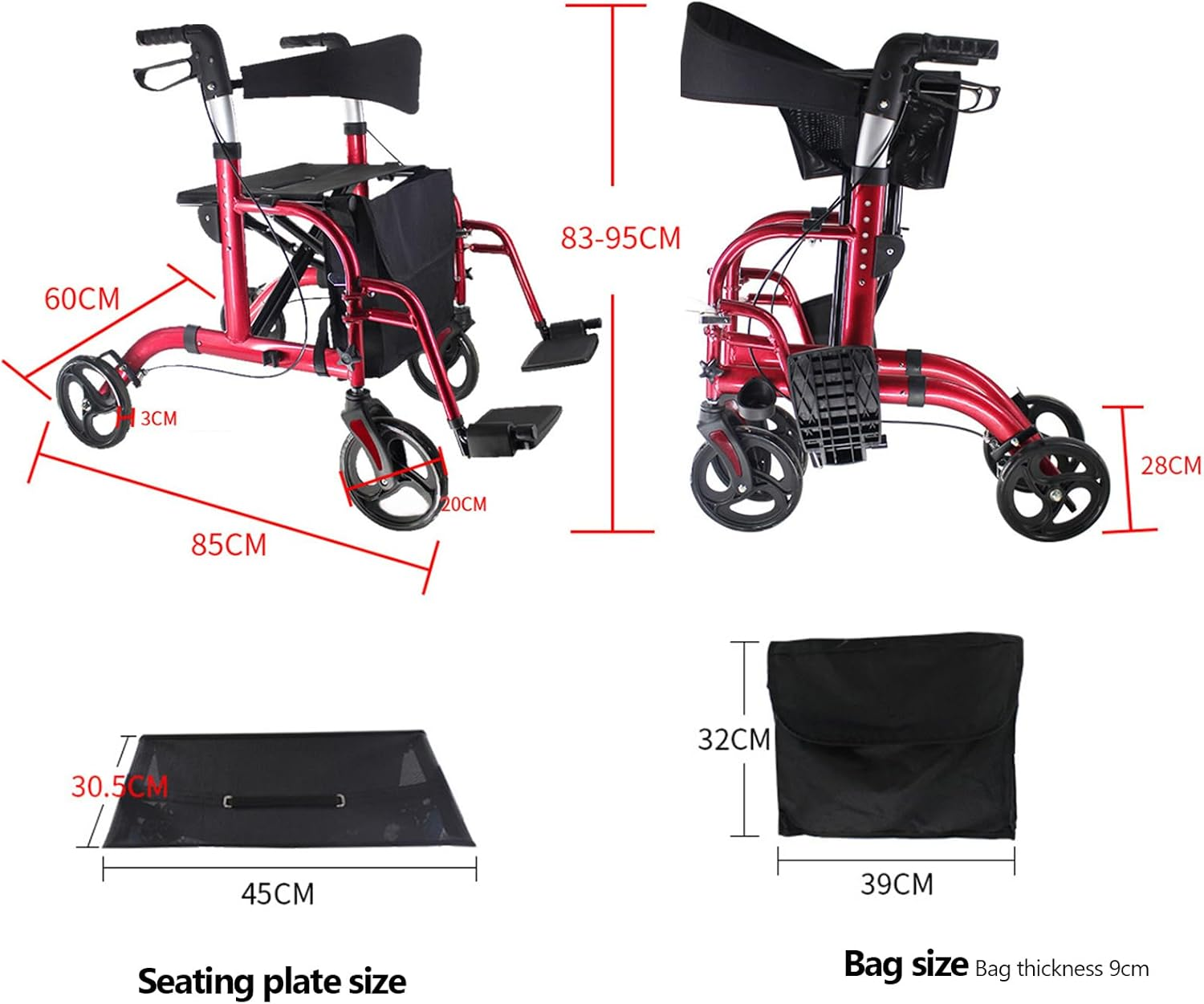 Lightweight Wheelchair & Mobility Walker &ndash; 2-In-1 Foldable Rollator with Seat, Brakes, 8" Wheels & Detachable Bag (Red) image number 4