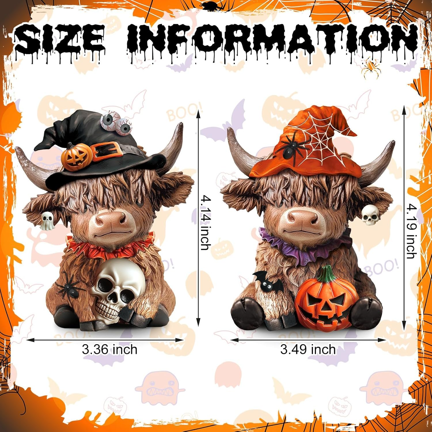 Highland Cow Halloween Decor - Unique Figurine with Pumpkin, Skull & Spider, Ideal for Indoor Home Garden Kitchen Office Table