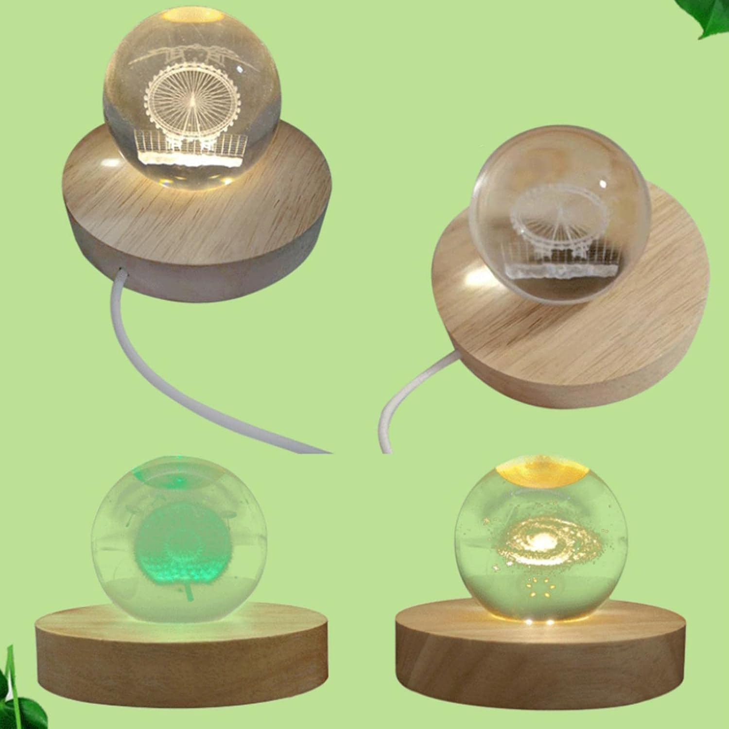 Generic LED Lamp Base, 70Mm Wooden Lights Display Base USB Powered Lamp Base Stand for 3D Crystal Ball Jewelry Glass Resin Art Vase Acrylic - Warm Light image number 1