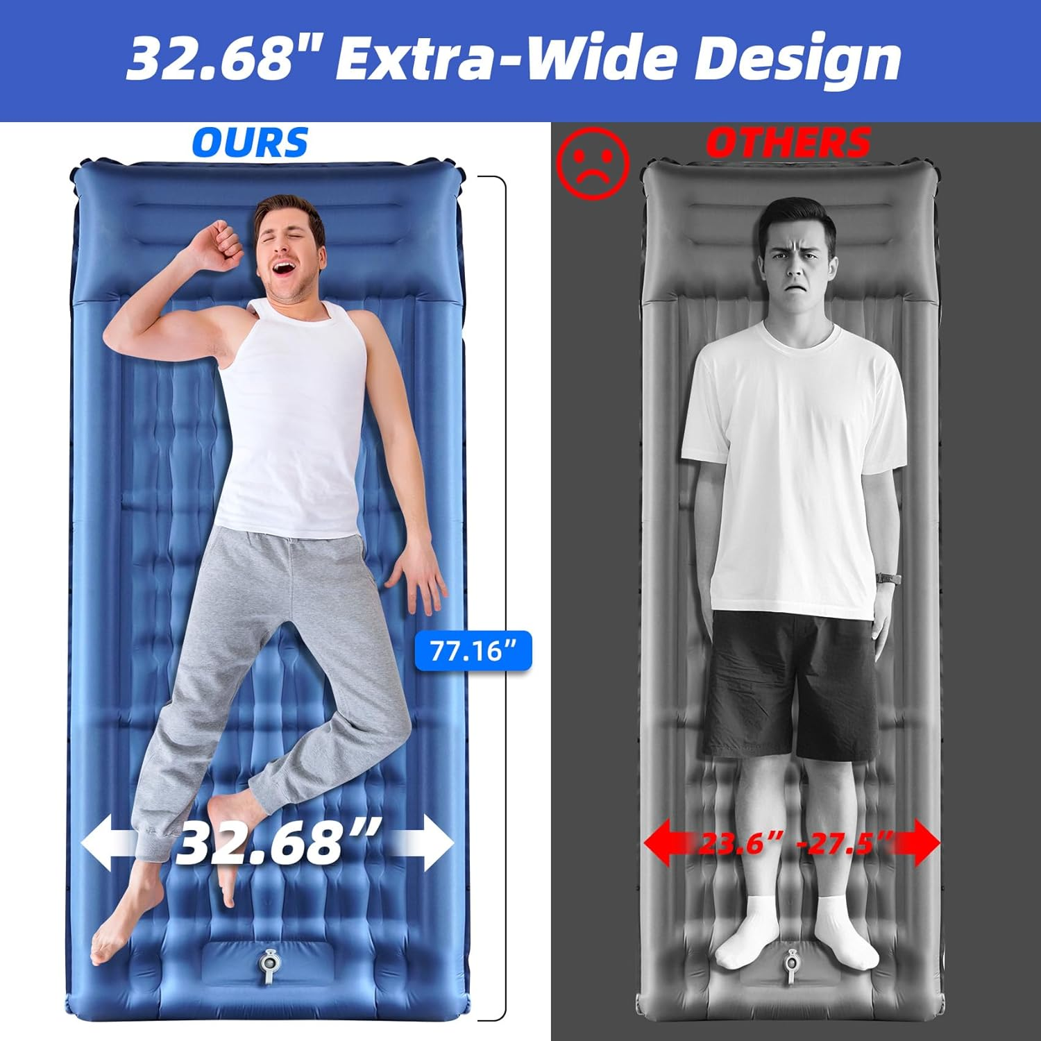 Sleeping Pad for Camping, 32.68" Extra Wide Camping Mattress with Pillow, Inflatable Sleeping Pads with Built-In Foot Pump, 5.11" Thickened Sleeping Mat for Backpacking Hiking Tent (Blue) - Green image number 6