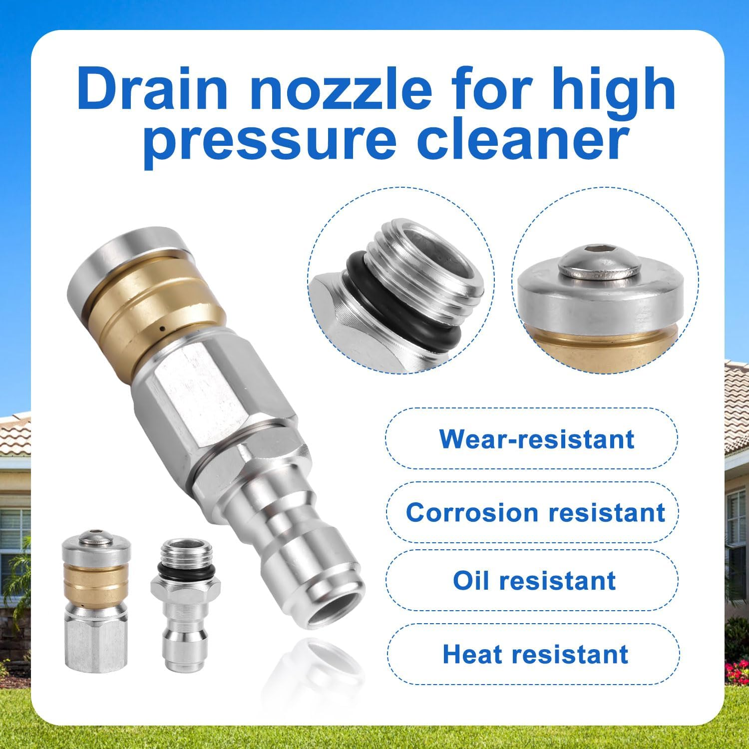 4Pcs Sewer Jetter Nozzle Set, Stainless Steel Jetter Nozzle for Pressure Washer Drain Jet Hose Tips with 1/4" NPT Quick Connector Rotating Button Nose Sewer Jet Nozzle Cleaning Tool 5000 PSI image number 5
