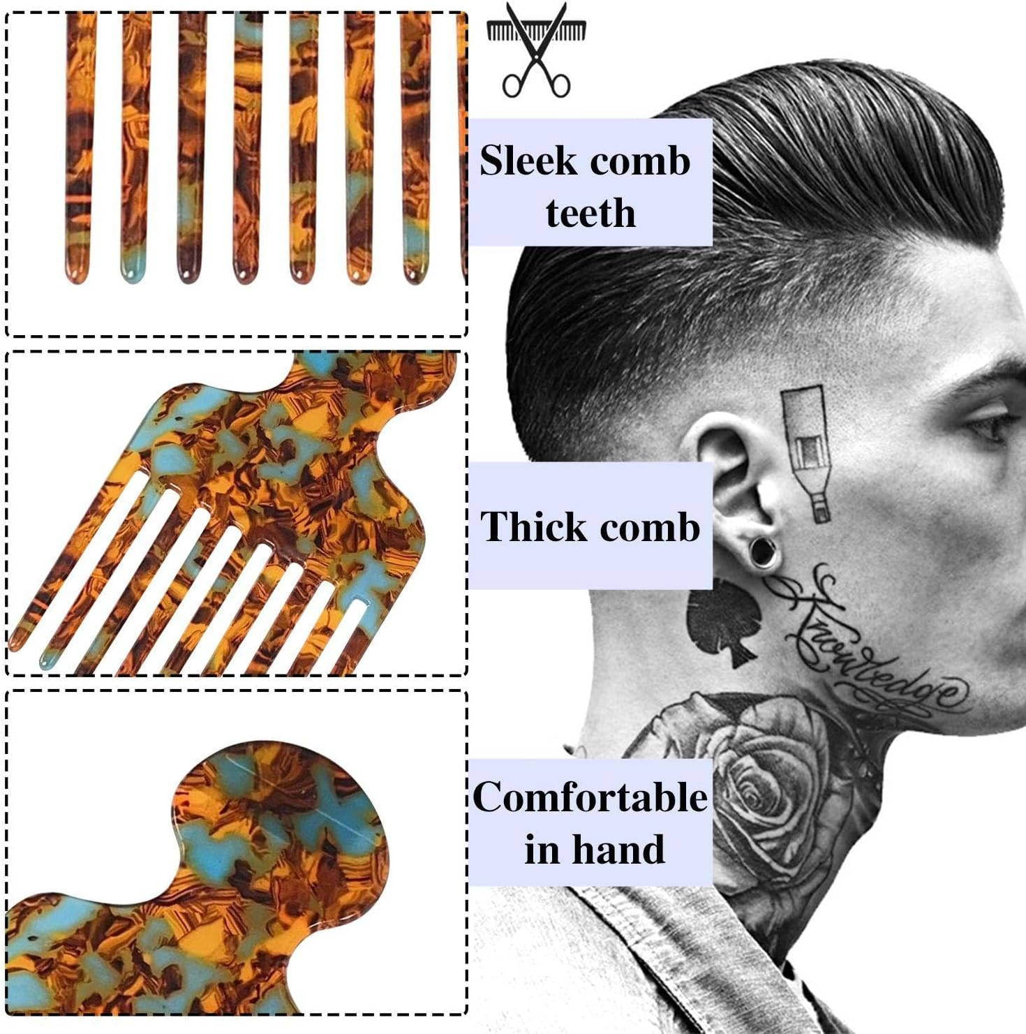 3 Fine Tooth Massage Hair Combs, Fashionable Marble Pattern Hair Combs, Hairstyle Finishing Tools, Hairdressing Supplies for Men and Women image number 1