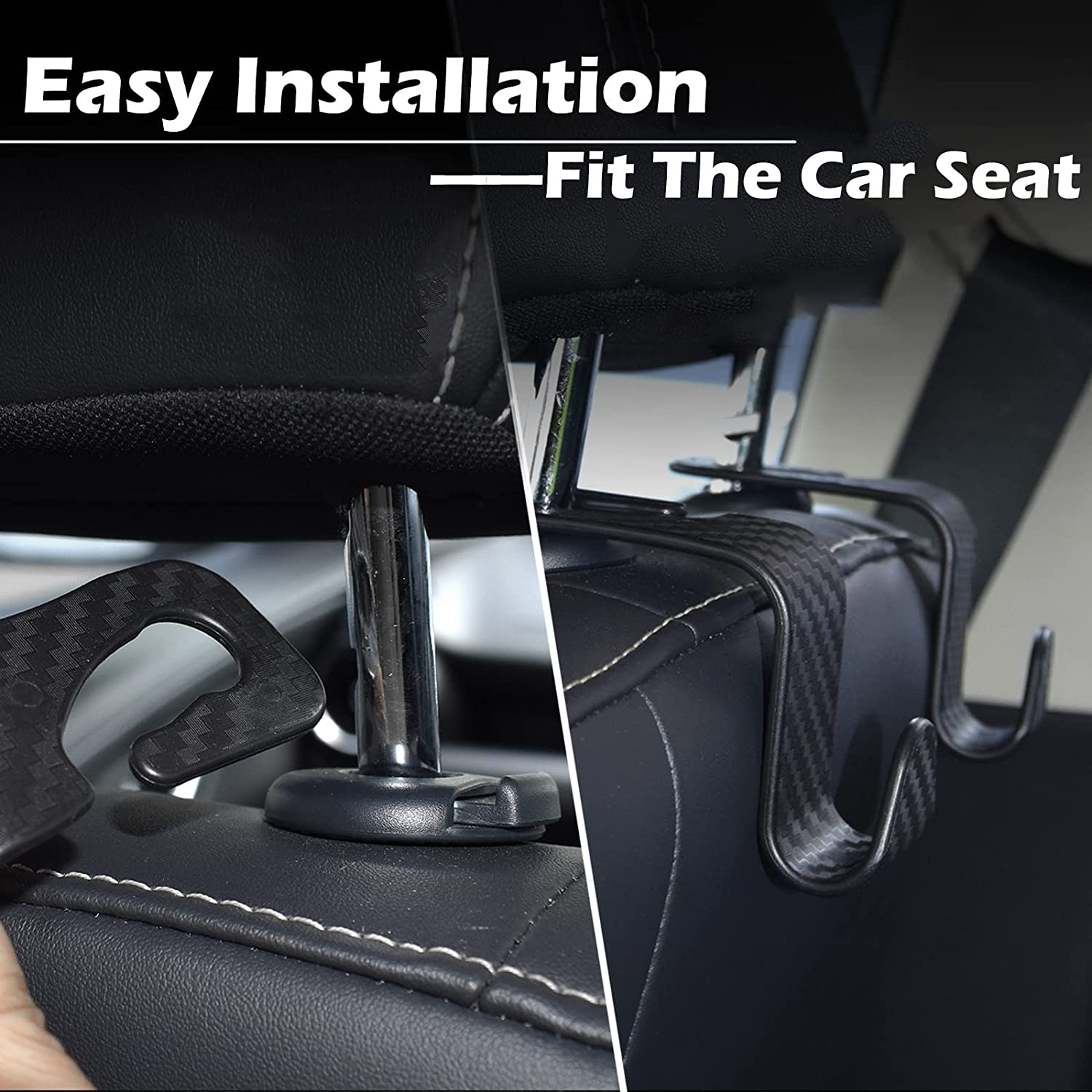 4 Pack Car Seat Headrest Hooks, Carbon Fiber Texture Purse Holder Storage Hook for Car Handbag Clothes Coats Grocery Bags, Black image number 4