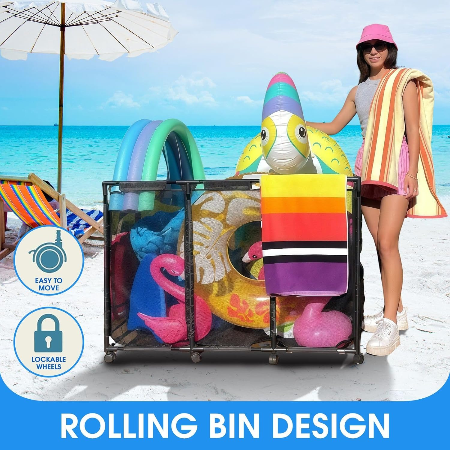 GENKI Pool Storage Bin Cart Poolside Toys Box Floats Noodles Container Organizer Outdoor Portable Rolling Wheels Mesh Basket Swimming Equipment Balls Holder image number 1