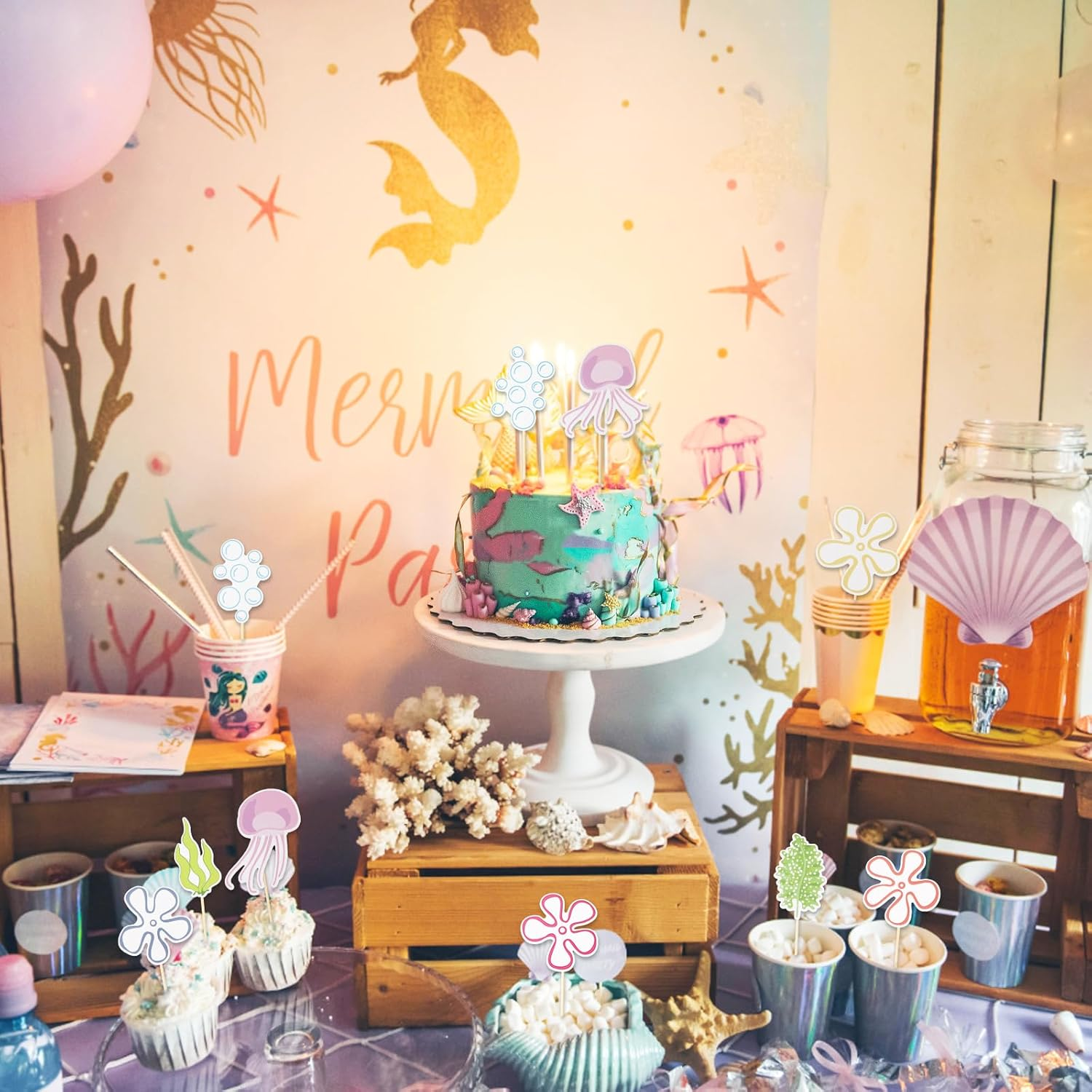 24Pcs Jellyfish Bubbles Flowers Cupcake Toppers, under the Sea Theme Cake Decorations Starfish Bubble Jellyfish Seaweed Perfect Cupcake Toppers for Birthday Party Wedding image number 2