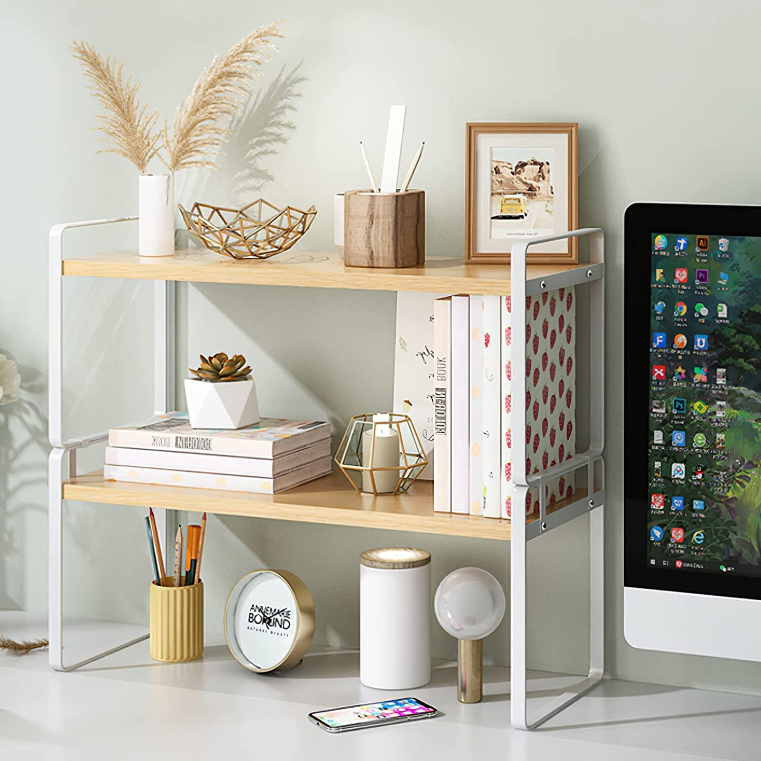 Joiena 2 Tier Desktop Bookshelf Plant Stand with Metal Frame Wood Board Desk Display Shelf Decor for Kids Office Rack Stationery Organizer Living Room Storage and Dormitory Use - Black Wood image number 6