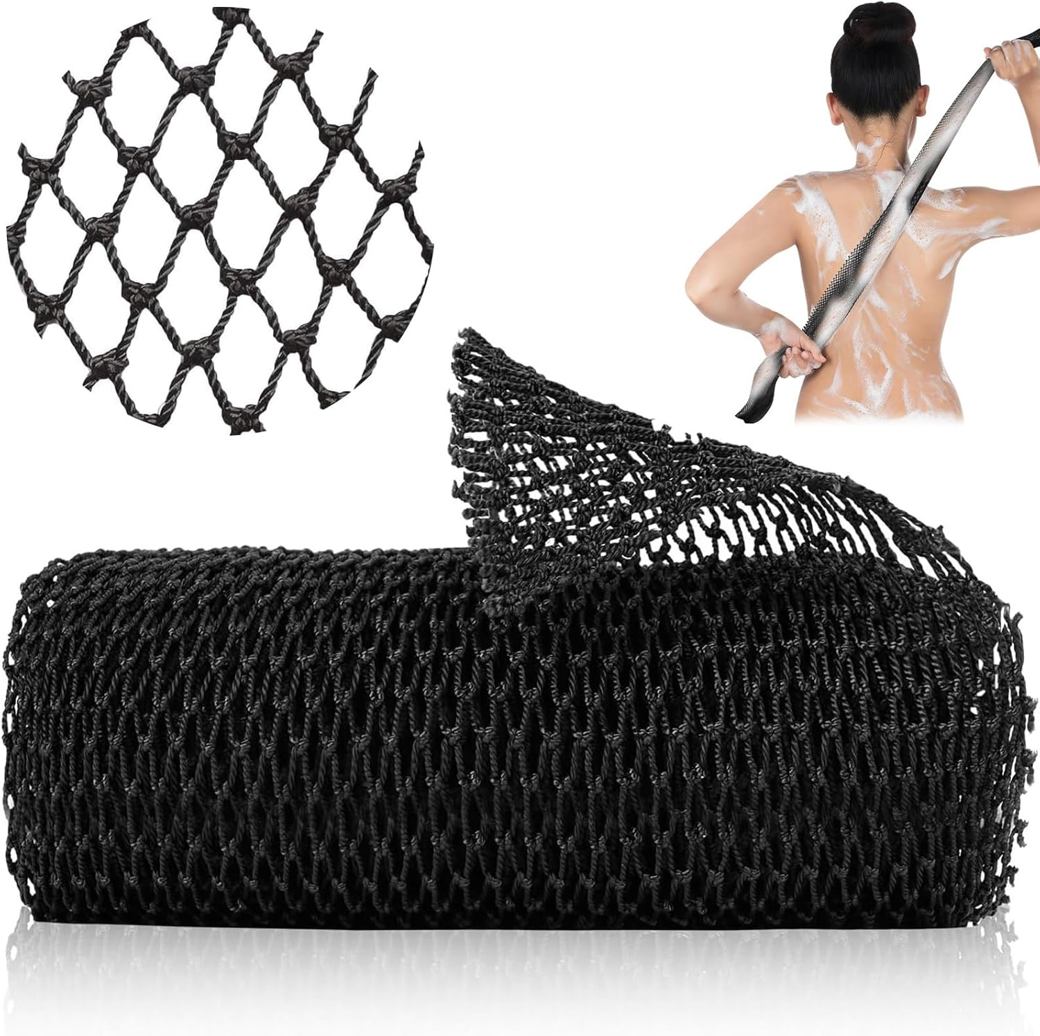 African Net Sponge Authentic, African Exfoliating Net Sponge, Long Net Bath Sponge Rag, Bathing Body Exfoliating, Shower Body Back Scrubber Skin Smoother, Stretch Length to 120 CM (Black)