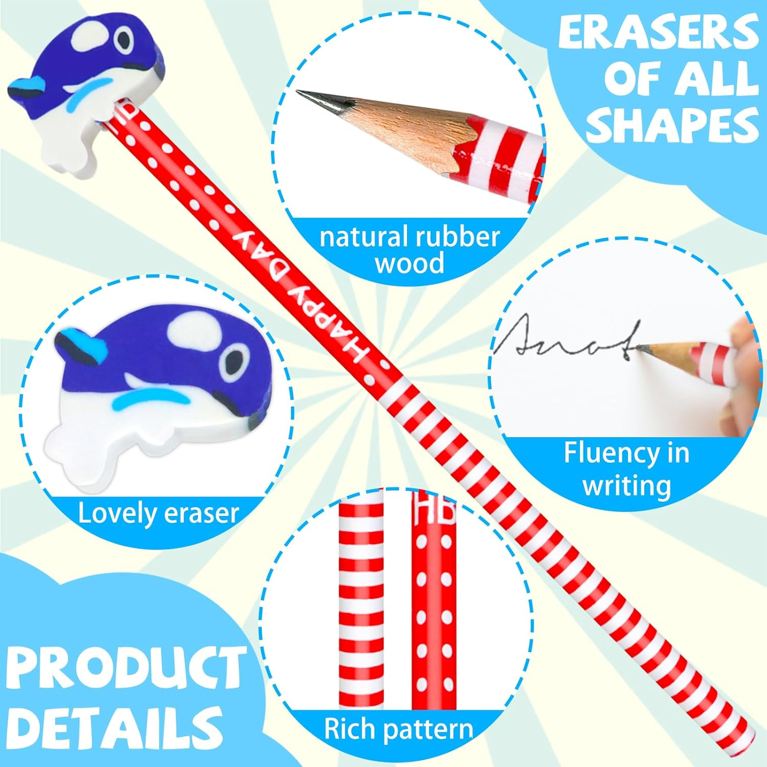 50 Pack Assorted Colorful Cartoon Animal Pencils with Erasers - Fun for Kids, Bulk with Animal Eraser Toppers, Party Favors, Novelty image number 2