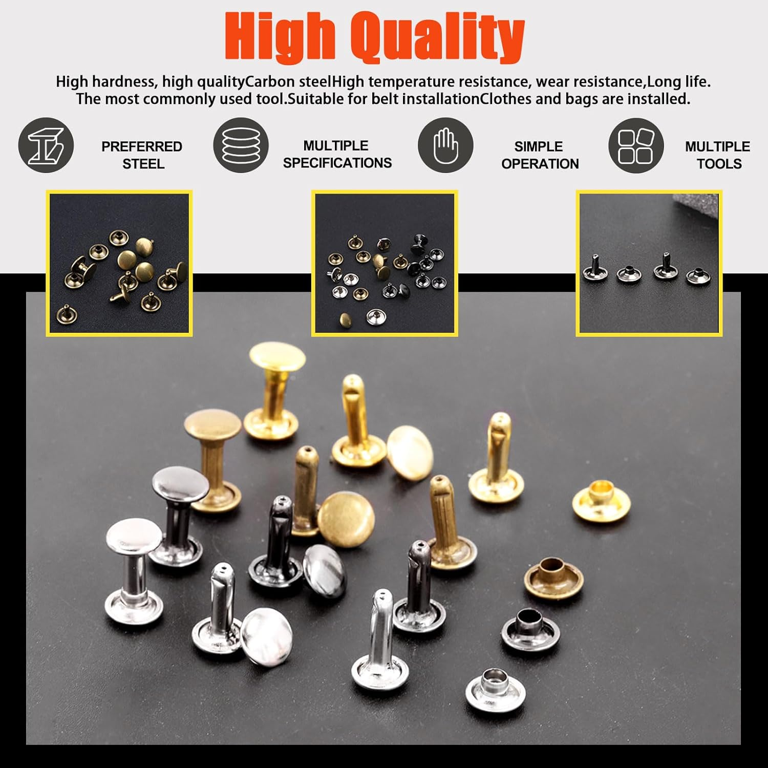 Tanstic 365Pcs Leather Rivets Kit, 3 Sizes 4 Colors Double Cap Rivets Flat Tubular Metal Studs with Rubber Hammer and Setting Tool Kit for Leather Craft Repair Decoration(Silver/Gun Black/Bronze/Gold) - C Kit image number 4