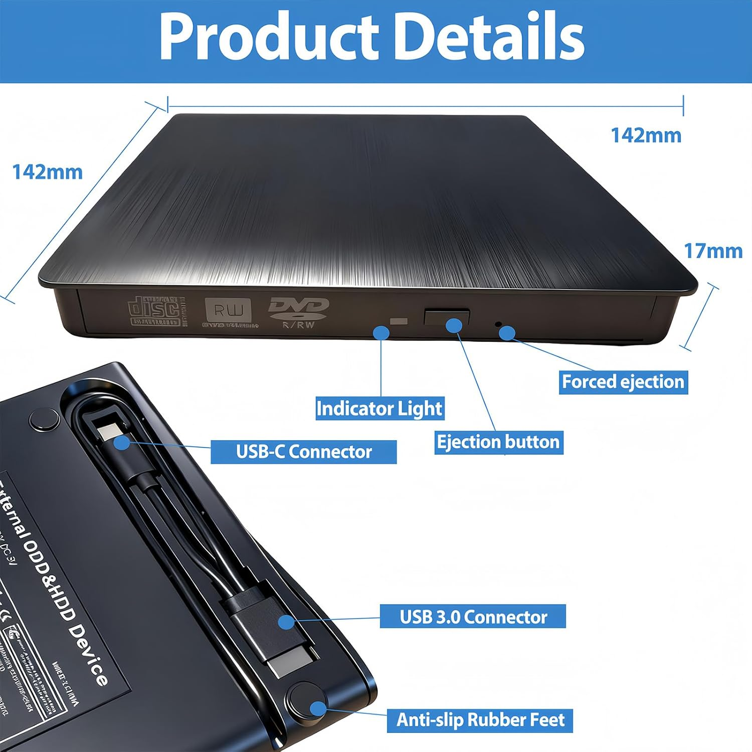 External CD/DVD Drive, USB 3.0 & Type-C Portable CD Burner - External DVD Drive for Laptop/Desktop, Compatible with Windows, Macbook, Linux - Slim External CD Drive for Laptops & Desktops image number 4