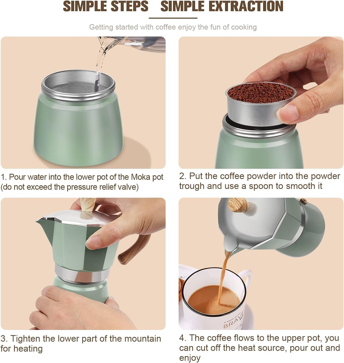 Classic Moka Pot &ndash; 3 Cup Stovetop Coffee & Espresso Maker, Milano Coffee Maker at Home or Camping, Compatible for Greca, Electric & Gas Stove (Mint Green, 150ML) image number 4