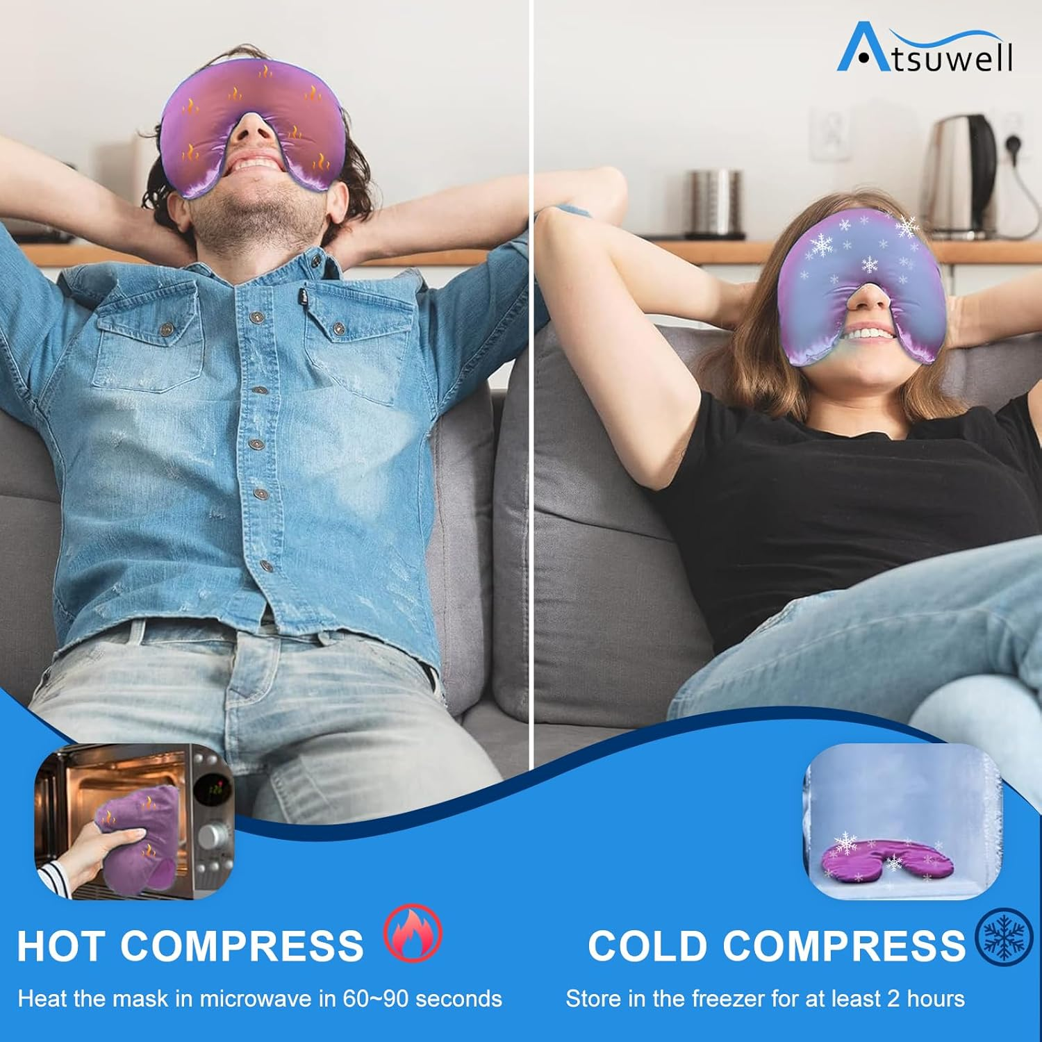 Atsuwell Sinus Mask, Warm Cold Compress Eye Mask for Dry Eyes, Weighted Eye Pillow Microwavable Face Heating Pad for Soothing Sinus Pressure and Relaxation, Pink - Blue image number 4