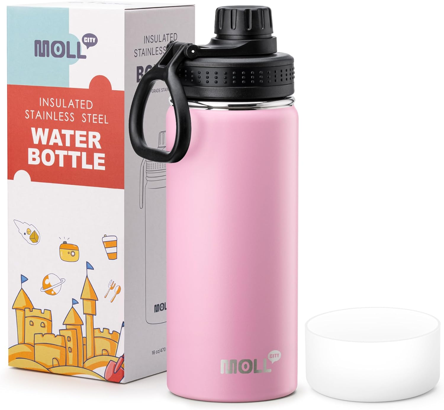 Mollcity 530ML Insulated Water Bottle-Stainless Steel Vacuum Wide Mouth Sports Water Flask with Silicone Boot-Reusable Metal Leak Proof Travel Water Bottle for Girls Boys(Grass Green)