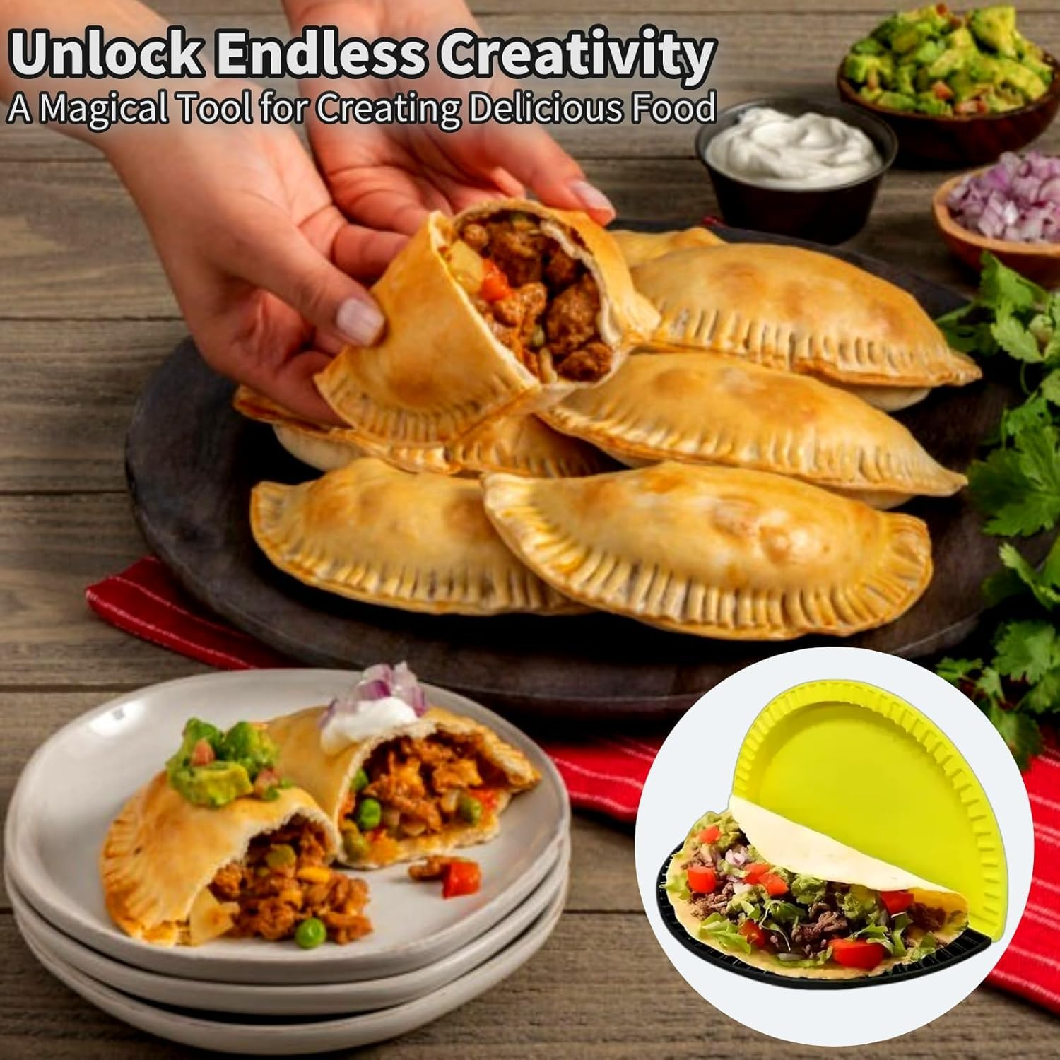 Tortilla Crimper & Quesadilla Maker Kit,Tortilla + Sandwich Bundle, 8'' & 3.54'' Empanada Samosa Mold, Sandwich Pocket Crimper for Air Fryer, Microwave, Oven Cooking image number 5