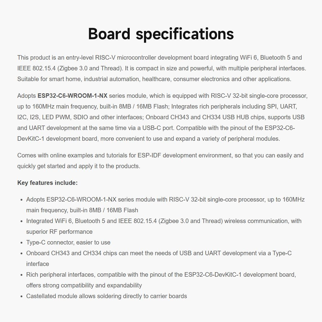 Waveshare ESP32-C6 Microcontroller, W-F 6 Development Board, 160Mhz Single-Core Processor, ESP32-C6-WROOM-1-NX Series Module, Supports USB and UART Development,16Mb Flash, with Pinheader image number 4