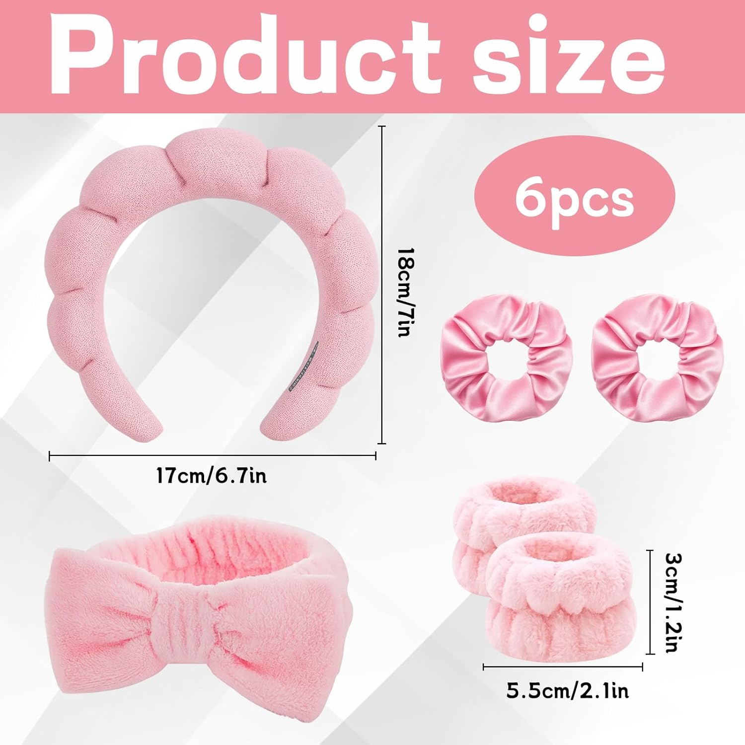 Skincare Headband, 6-Piece Set Pink Makeup Headband for Women and Girls, Facial Accessories for Washing Face, Yoga and Spa, Includes Headband and Hair Clips