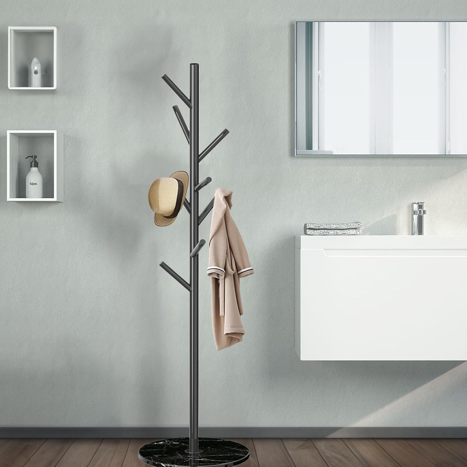 Coat Rack with Natural Marble Base, Freestanding Metal Coat Stand with 8 Hooks, Heavy Duty Hanger Hat Holder, Modern Stable Coat Hanger Tree for Bags, Jacket, Clothes, and Hats, Black Metal image number 3