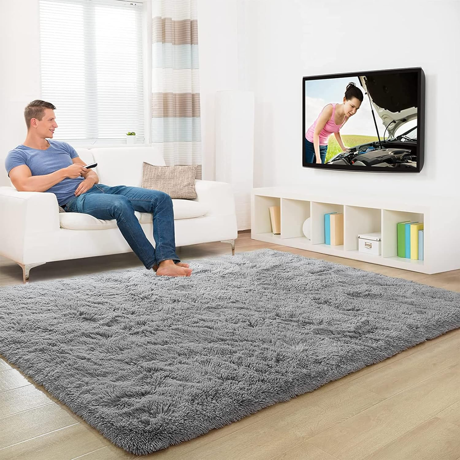 ADVWIN Fluffy Rug, Soft Shag Fluffy Area Rug, Non-Slip Durable Large Floor Carpet, Dark Grey Rectangular Rug for Living Room, Bedroom, Kids Play Room, Dormitory, Hotel (200X230Cm)