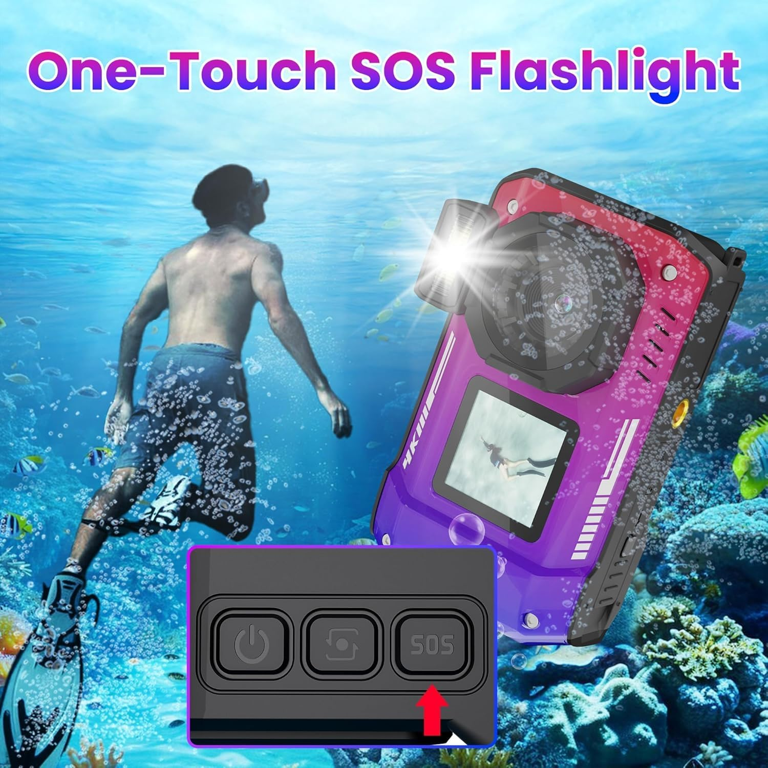 4K 33FT Digital Camera, 48MP Underwater Camera Waterproof Rugged Dustproof Shockproof for Snorkeling Diving, Selfie Dual-Screen Point and Shoot Digital Camera with 32G Card(Gradient Purple) image number 2