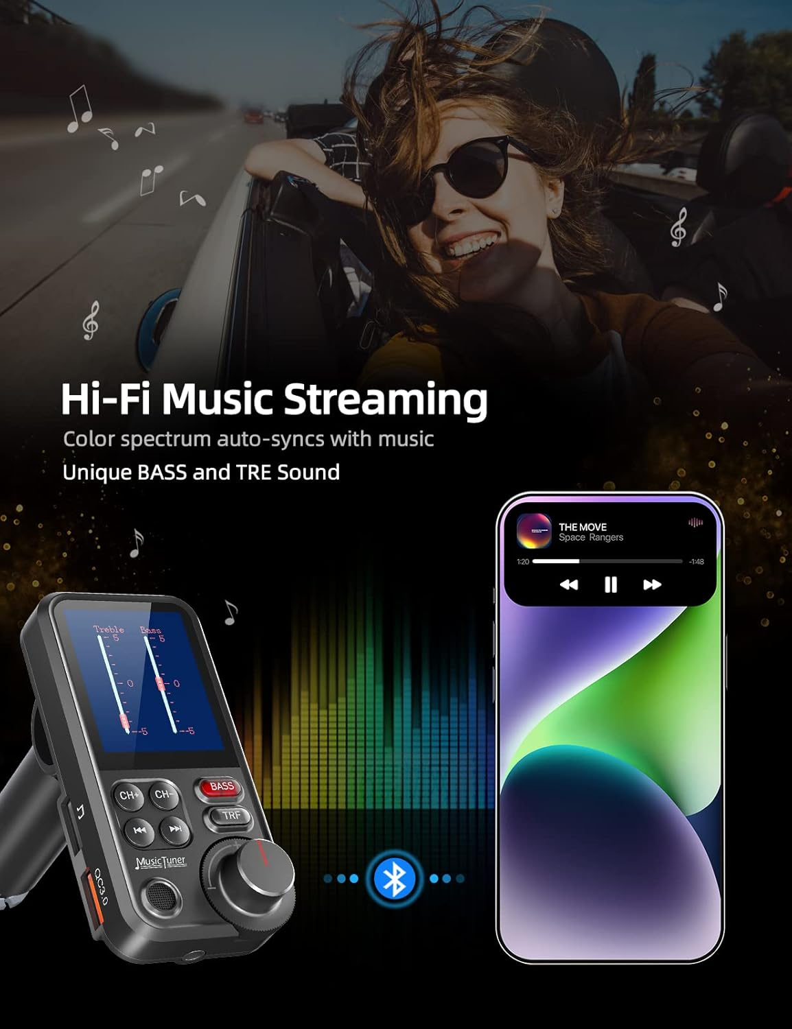 Nulaxy Car Bluetooth Transmitter, Strong Microphone Bluetooth Car Radio Adapter with 1.8" Color Screen for Hands Free Calls, Supports QC3.0 Charging, Treble and Bass Sound Music Player- KM30 image number 6
