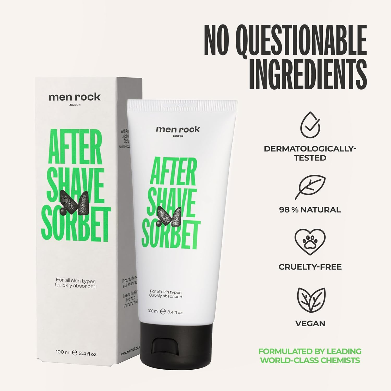 Men Rock after Shave Sorbet, Mens Aftershave Balm, Light Sorbet-Like Fast-Absorbing, Hydrating anti Redness Balm Relieves Sensitivity after Shaving, Fresh Scent 100Ml image number 4