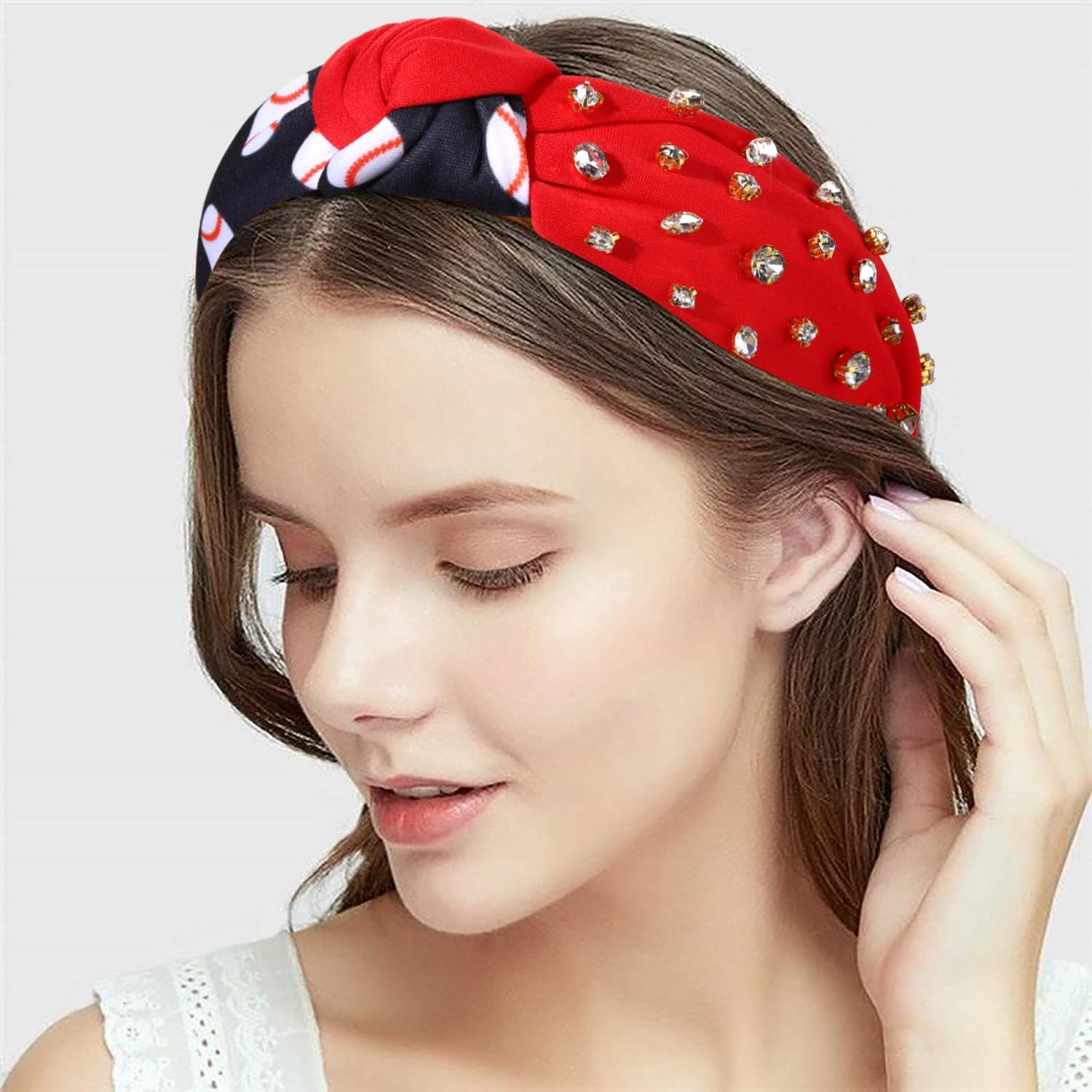 CEALXHENY Rhinestone Knotted Headbands for Women, Top Knot Baseball Headband, Embellished Jeweled Game Day Headband Sports Team Headbands Game Day Hair Accessory (Baseball-Back/Red) - Baseball-Back/Red image number 6