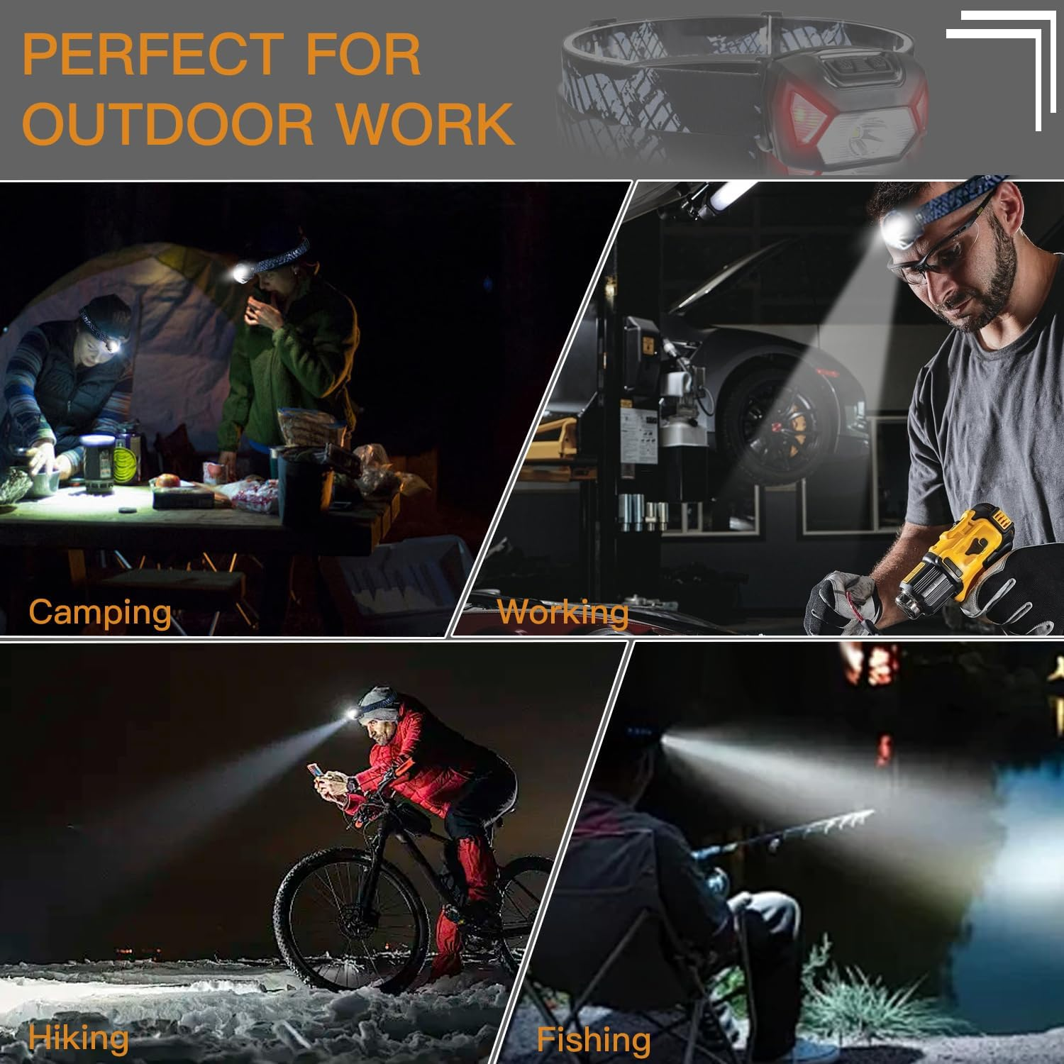 Rechargeable LED Headlamp Head Torch 1300 Lux Super Bright Head Lamp, White Red Light and 6 Lighting Modes, Lightweight Waterproof Headlight for Camping Running Hiking Emergency, 2 Packs image number 5