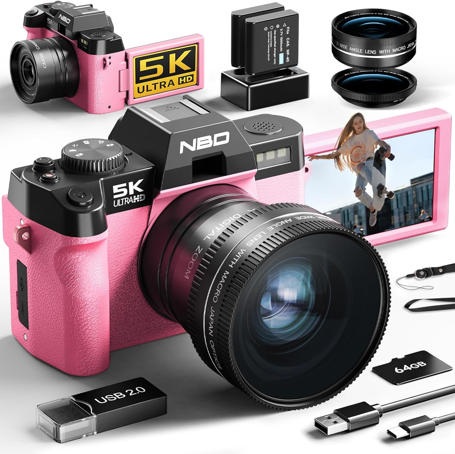 NBD 5K 64MP Digital Camera, Wi-Fi & App Control, 16X Zoom, Autofocus, Anti-Shake, 180&deg; Flip Screen, Macro & Wide-Angle Lenses, Webcam Function, Includes 64GB TF Card & 2 Batteries (Graphite)