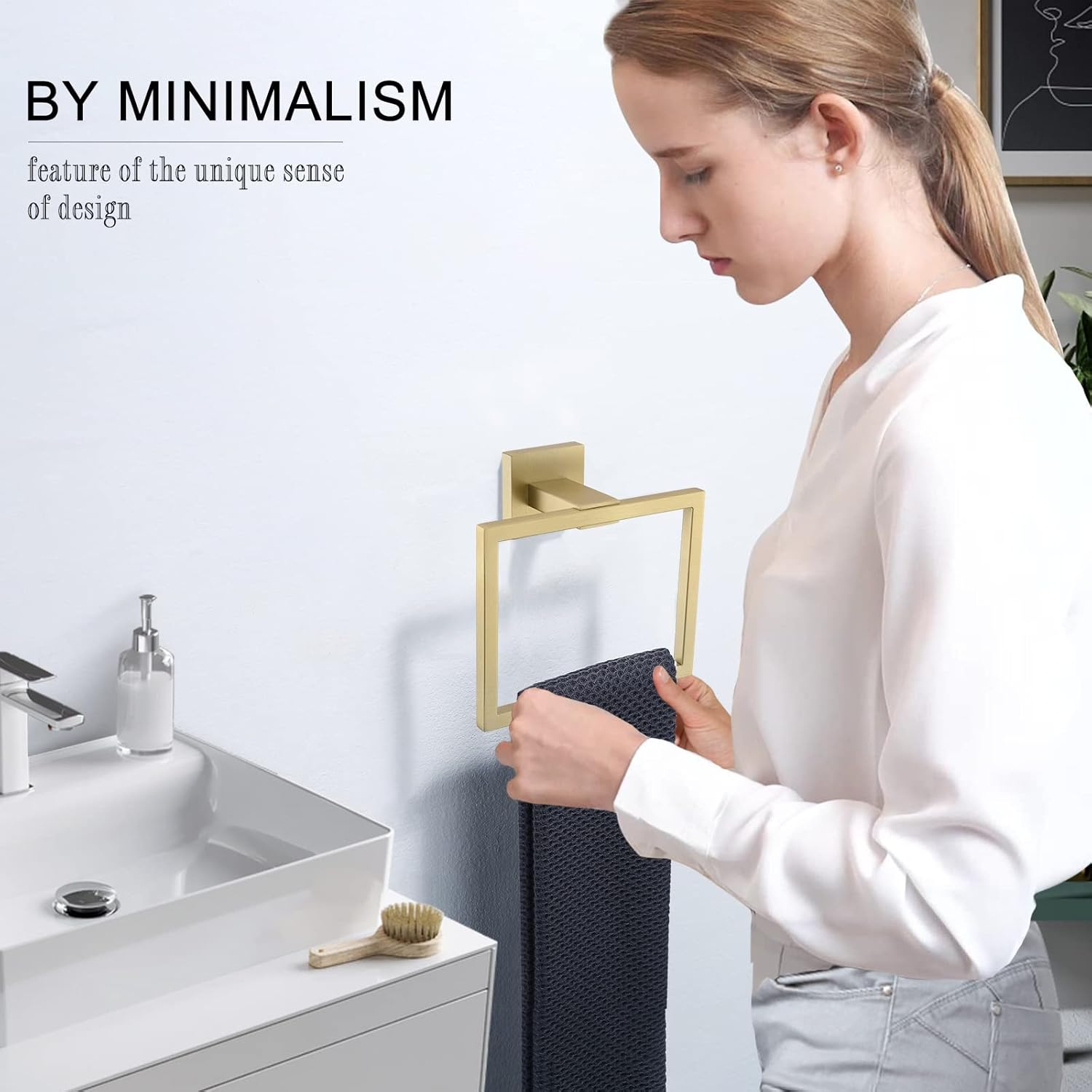 TQKAG Brushed Gold Towel Ring Bathroom Hand Towel Holder Stainless Steel Square Towel Bar Hangers Wall Mounted - Brushed image number 7