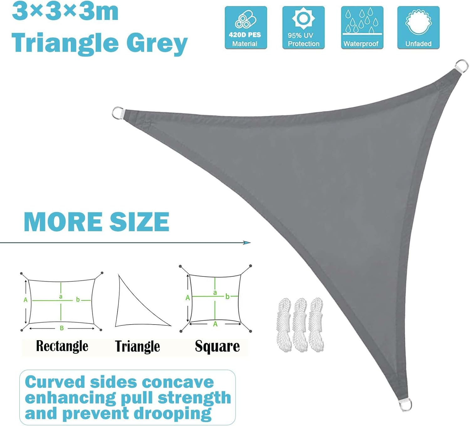 Sunal Triangle Sun Shade Sails 3&times;3&times;3M, Waterproof Shade Sail for Garden, 95% UV Blocking Outdoor Sun Shade Shade Canopy with Free Rope for Outdoor Garden Pergola Patio Party Backyard Lawn, Grey image number 2