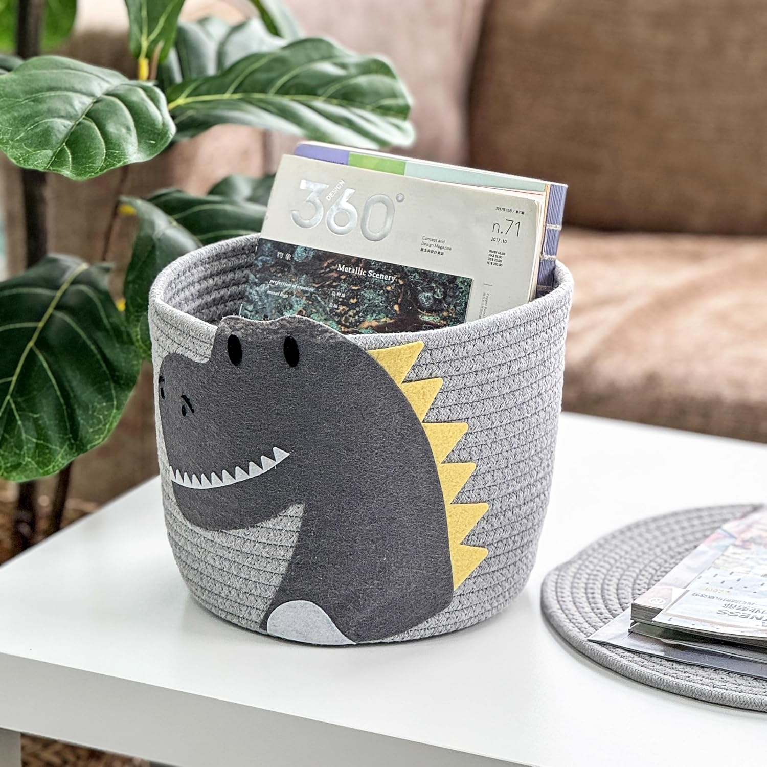 T&T Homewares - Small Woven Cotton Rope Storage Basket, Collapsible Organizer Basket, Laundry Basket Organizer for Toys, Nursery Organizer for Toy Storage Bin - D25Xh20 (Grey Dinosaur) image number 2