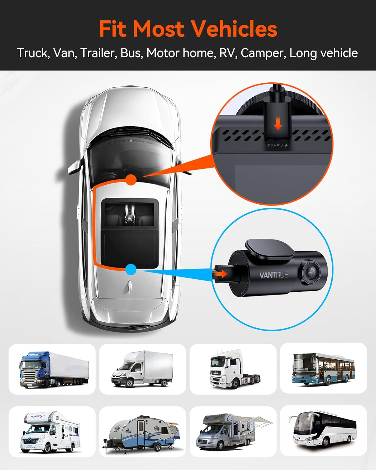 VANTRUE 9M Rear Camera Extensive Cable for N4 Pro, E2, E3 Dash Cam, Fit for SUV, Pickup, Trucks, Minivan, Sedans, Trailers image number 1