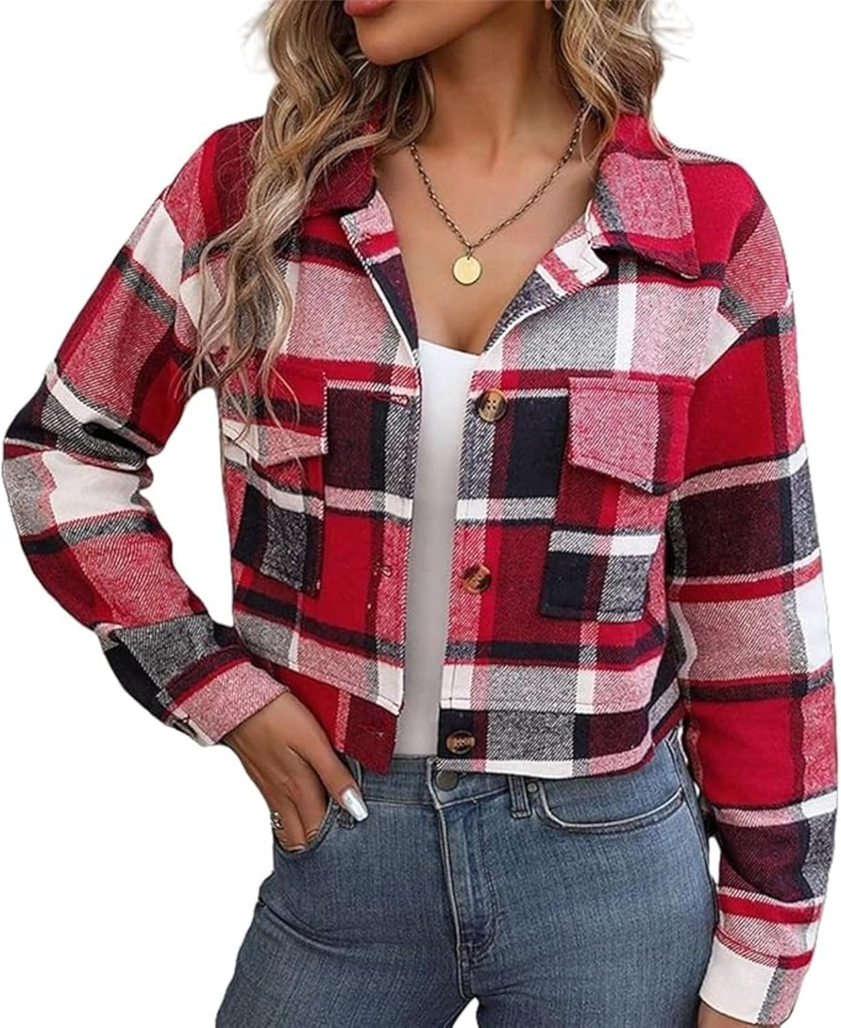 Women'S Casual Flannel Jacket Button down Shirts Jacket Coats Long Sleeve Tops with Pockets image number 5