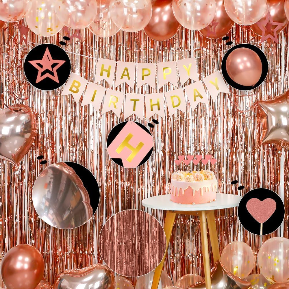 Happy Birthday Decorations for Women Rose Gold Birthday Decorations Happy Birthday Banner Fringe Curtain Butterfly Hanging Swirls Party Decorations for Girls Cupcake Toppers Foil Confetti Balloons - Blue Pink image number 3