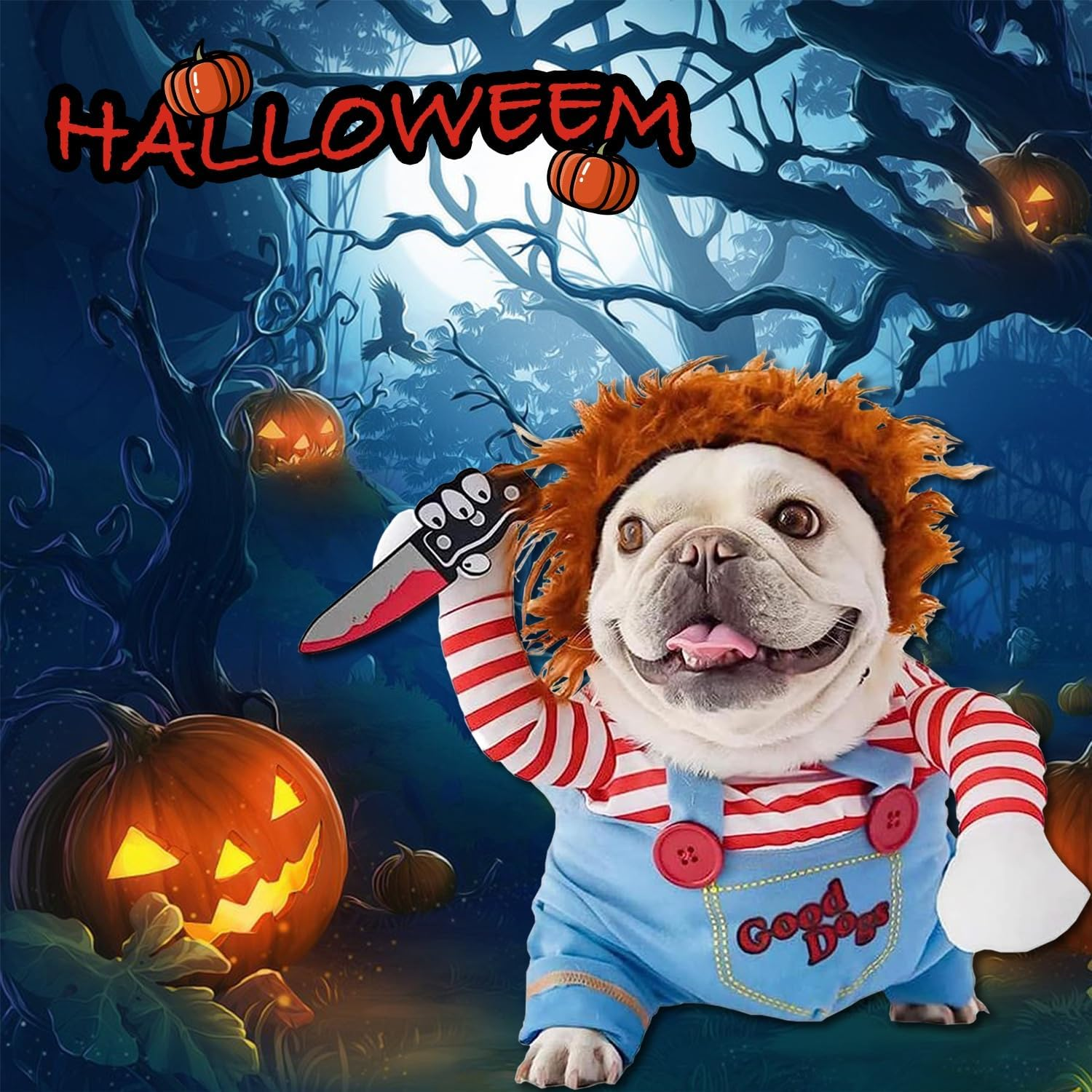 Dog Halloween Costumes, Pet Deadly Doll Dog Costume, Funny Chucky Dog Costume with Wig, Cute Dog Clothes Party Cosplay for Small Medium Large Dogs & Cats (Blue, Large) image number 1