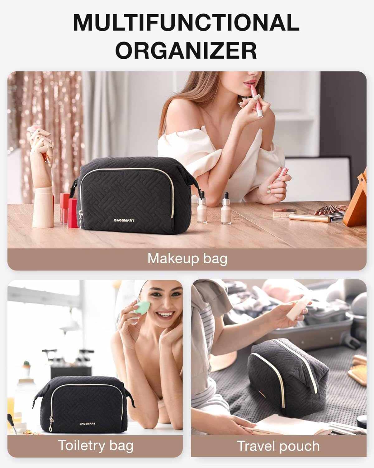 Bagsmart Makeup Bag Cosmetic Pouch, Black image number 3