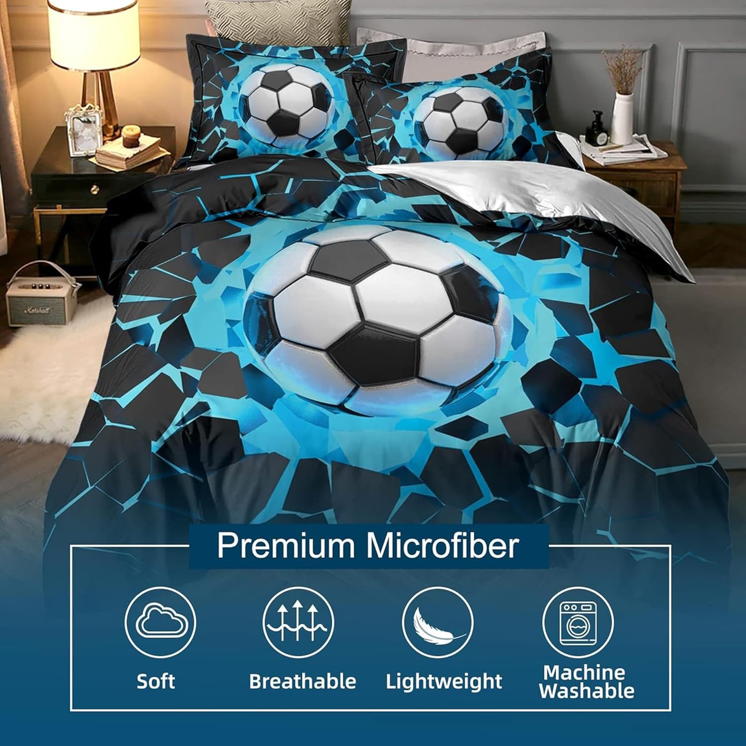 Tabeskly Kids Boys Black White Blue Football Soft Zipper Bed Bedding Duvet Cover Set Single 135&times;200Cm image number 2