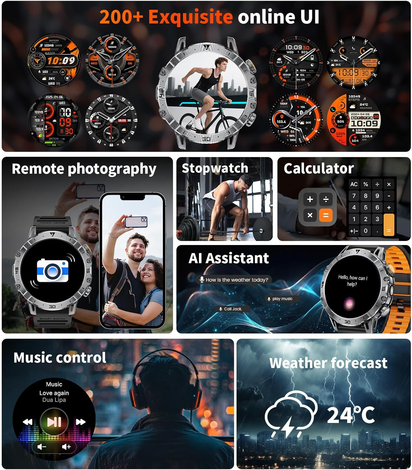 Military Smart Watch for Men (Answer/Make Calls), 1.7" Display with 1000Mah Large Battery/Led Flashlight/3 Straps/2 Charger, Health Tracking, 114 Sports Modes, IP68, Digital Man Watch for Android Ios image number 4