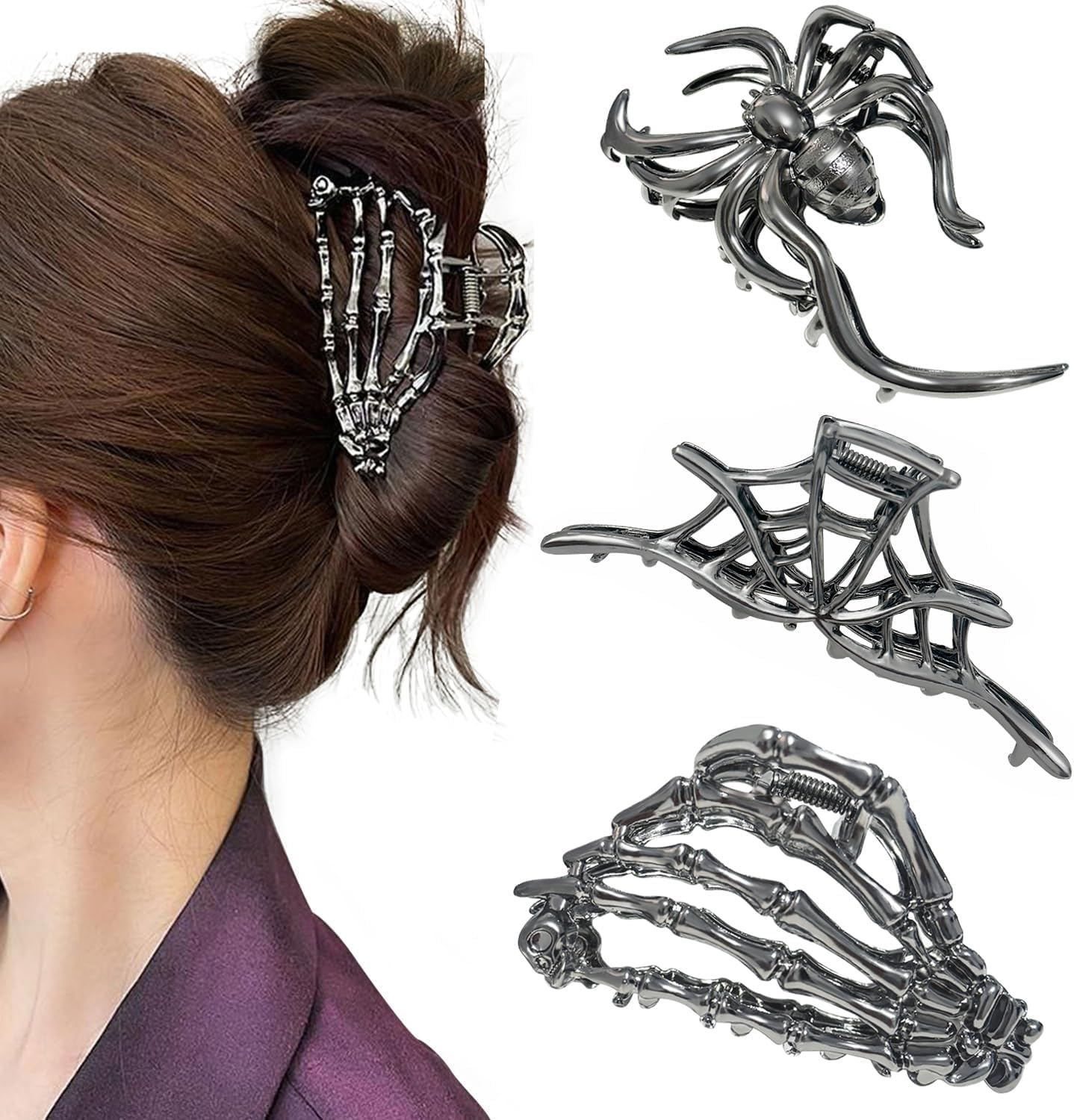 Pack of 3 Metal Hair Clips, Spider Hair Clips, Skull Claw Hair Clip, Non-Slip Claw Clip, Gothic Hair Clips, for Women, Girls, Halloween Hair Styling Accessories (D) image number 4